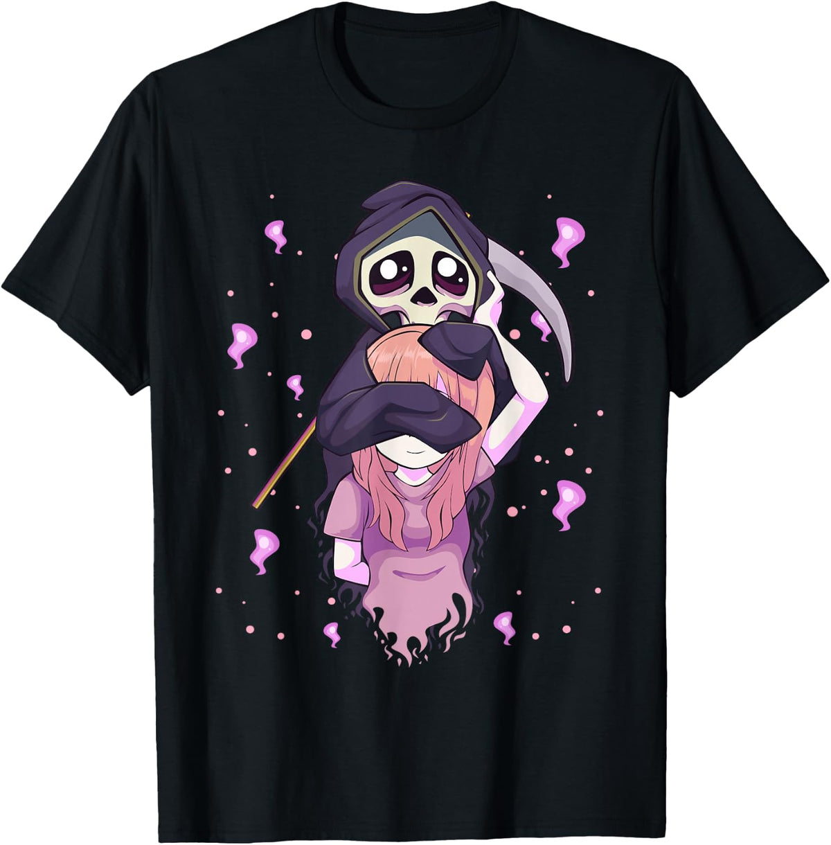 Pastel Goth Kawaii Anime Girl and Cute Reaper Teens T-Shirt - Black