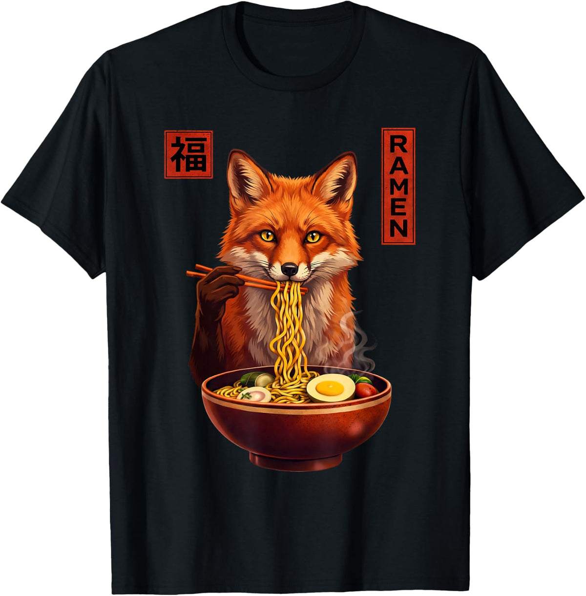 Fox Ramen Japanese Art Funny Anime Graphic Tee Kawaii T-Shirt - Black