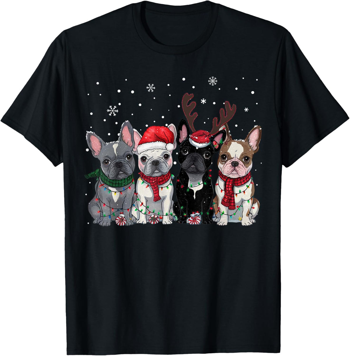 Christmas Lights French Bulldogs Xmas Frenchie Dog Men Kids T-Shirt - Black