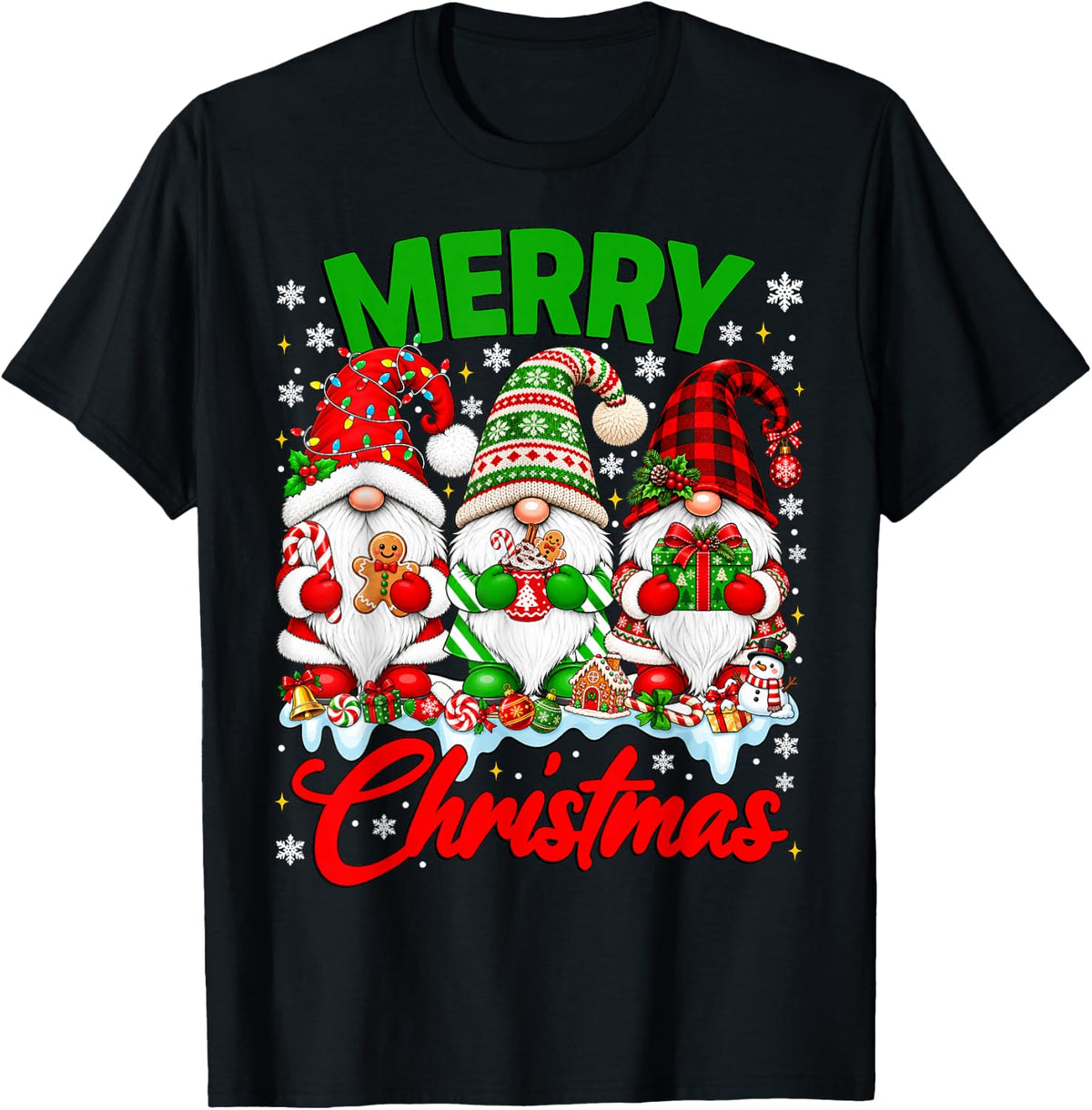 Three Christmas Gnomes Buffalo Plaid Red Merry Xmas Family T-Shirt - Black