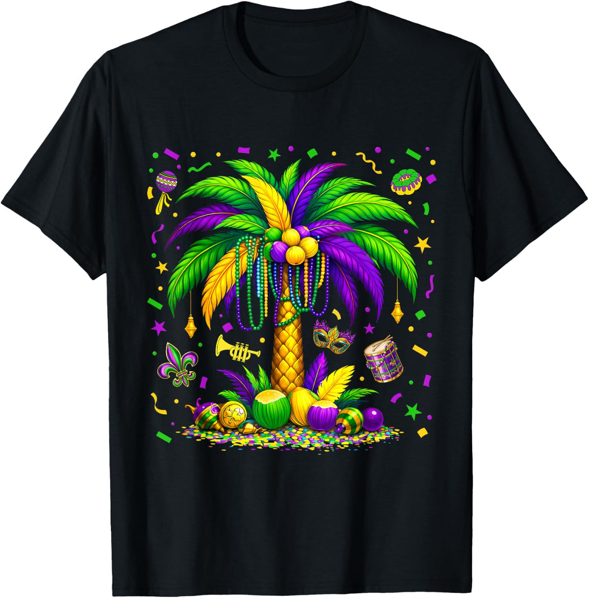 Palm Tree Hawaiian Tropical Party Mardi Gras Men Women Kids T-Shirt - Black