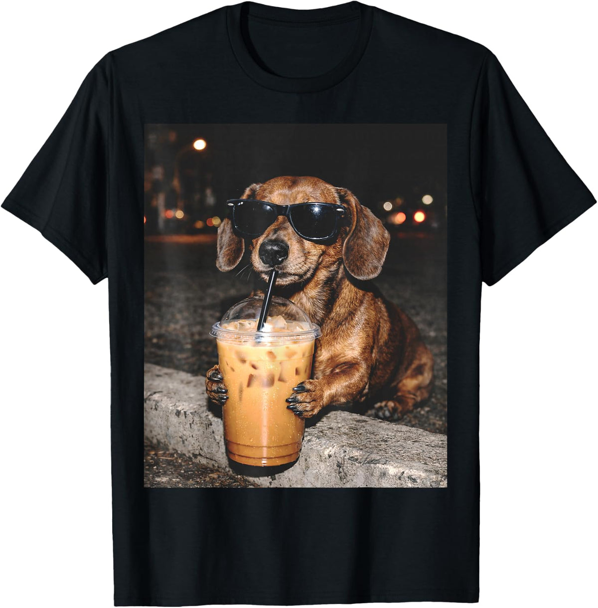 Dachshund Drinking Iced Coffee Funny Dachshund Dog Lover T-Shirt - Black