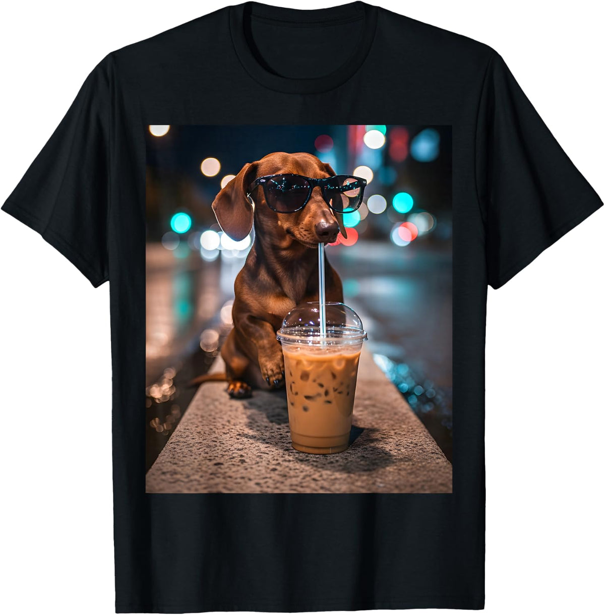 Cool Dachshund Drinking Iced Coffee Funny Wiener Dog T-Shirt - Black