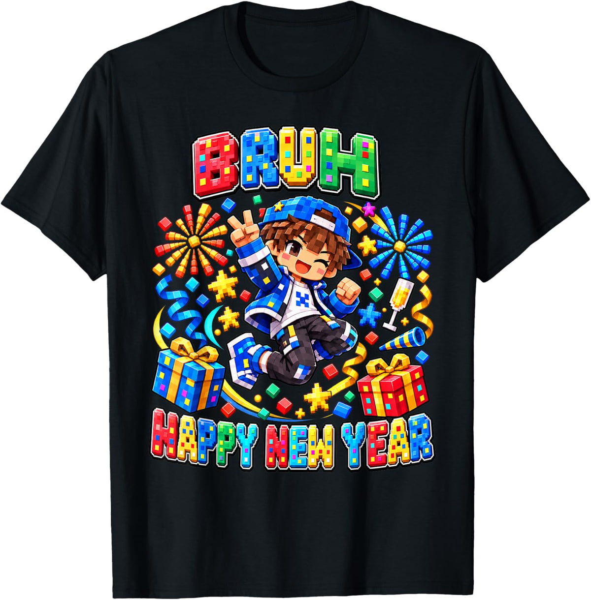 Dabbing Pixel Boy Gamer Shirt Bruh Its New Year Boy T-Shirt - Black