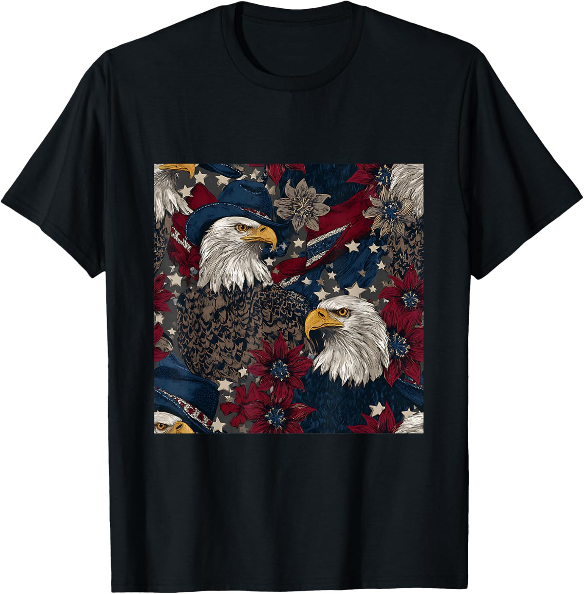 Bald Eagle Cowboy Hat Stars Flowers Pattern T-Shirt - Black