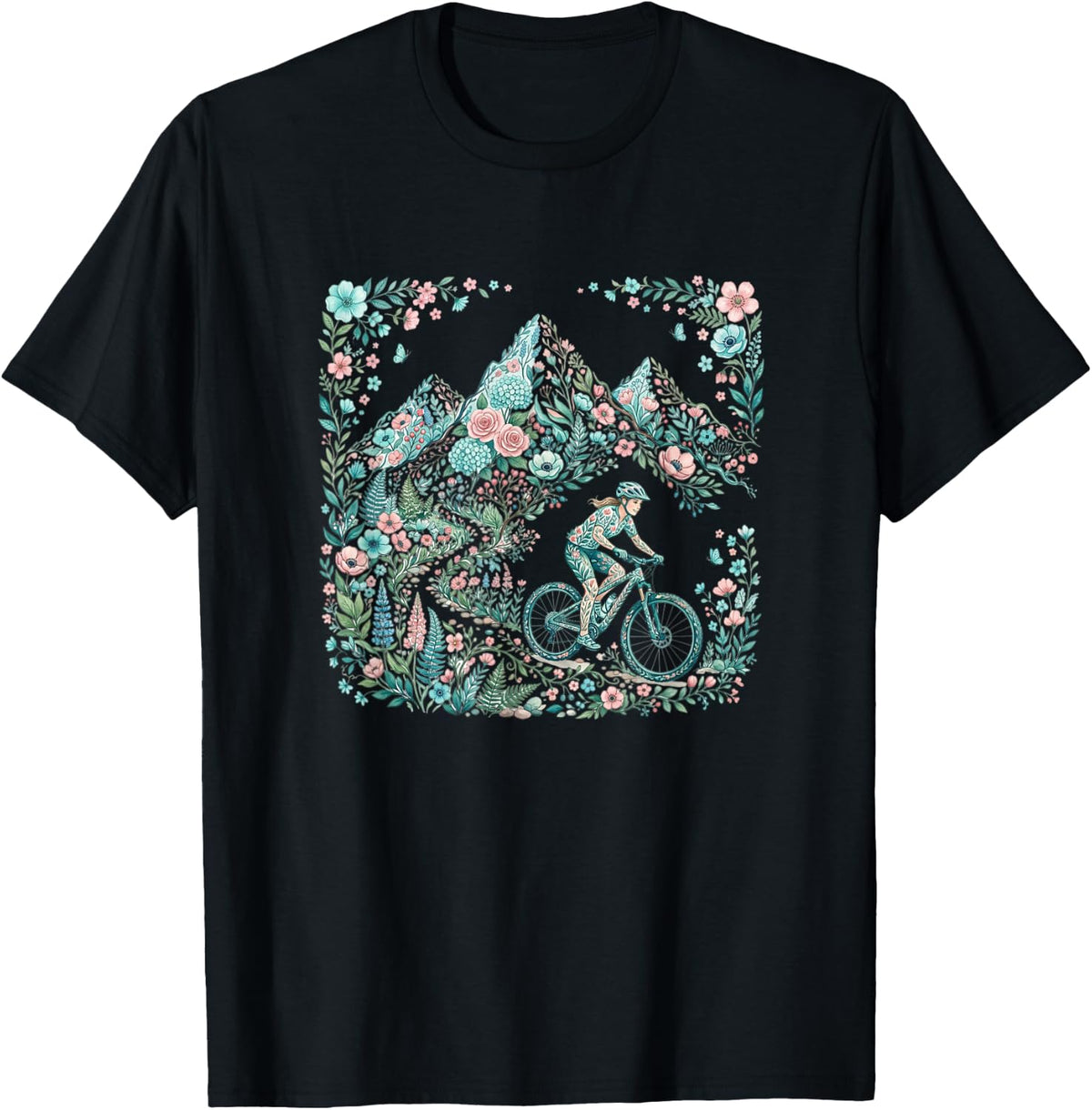 Pastel Mountain Bike Floral Trail Cycling T-Shirt - Black