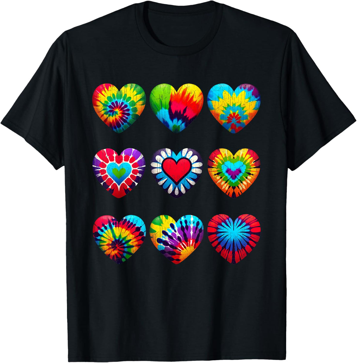 Tie Dye Valentine's Day Colourful Hearts Day Men Women Children T-Shirt - Black