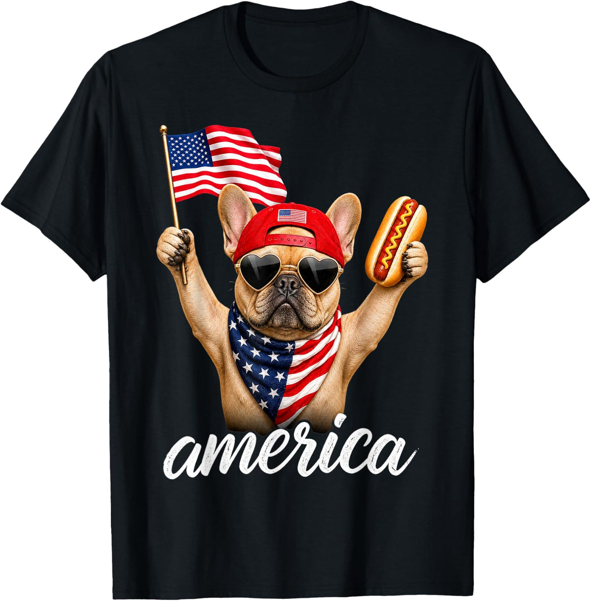 USA America French Bulldog Hot Dog 1776-2026 4th of July T-Shirt - Black