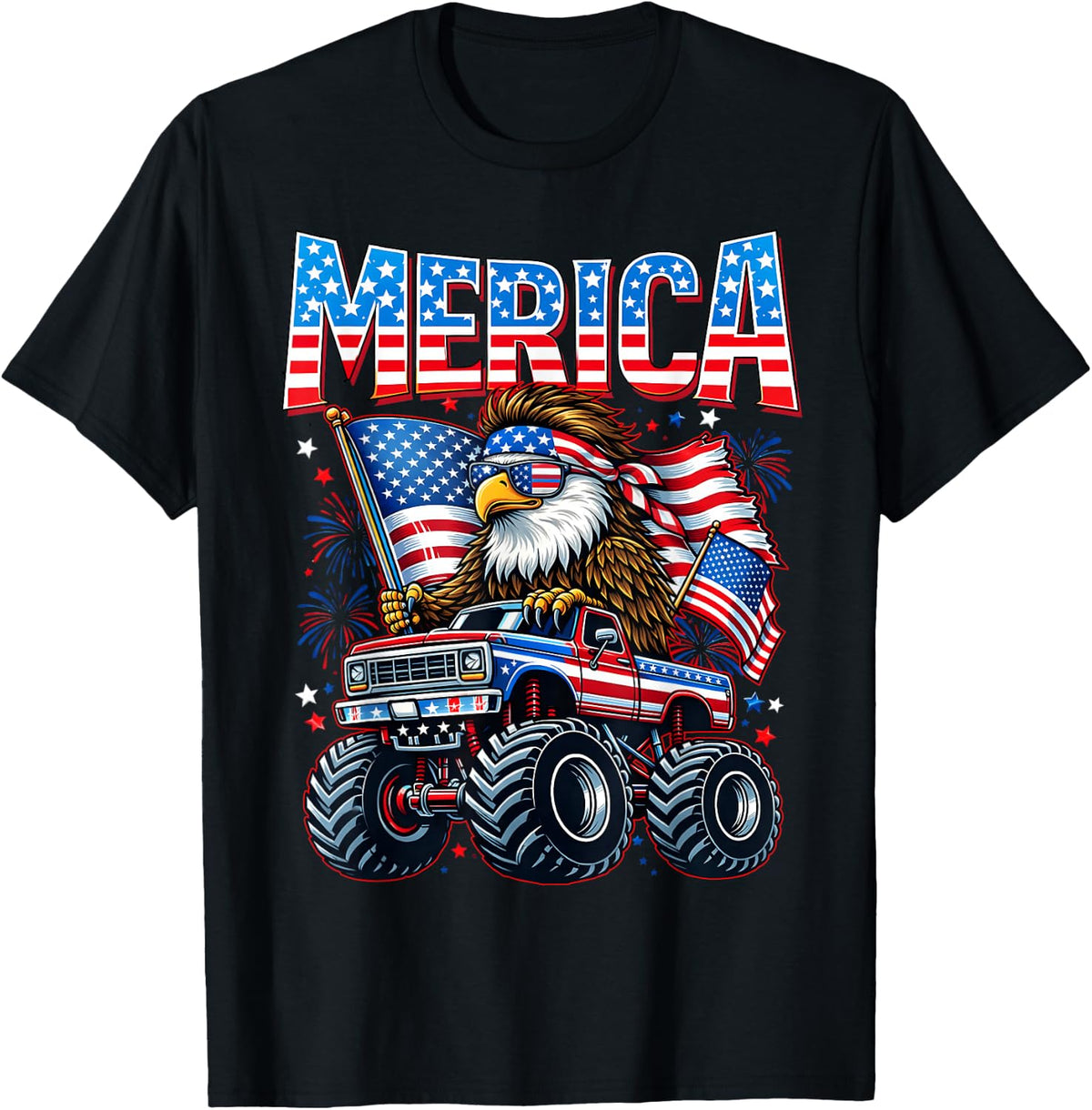 4th of July Merica Eagle Monster Truck Patriotic Men Boy Kid T-Shirt - Black