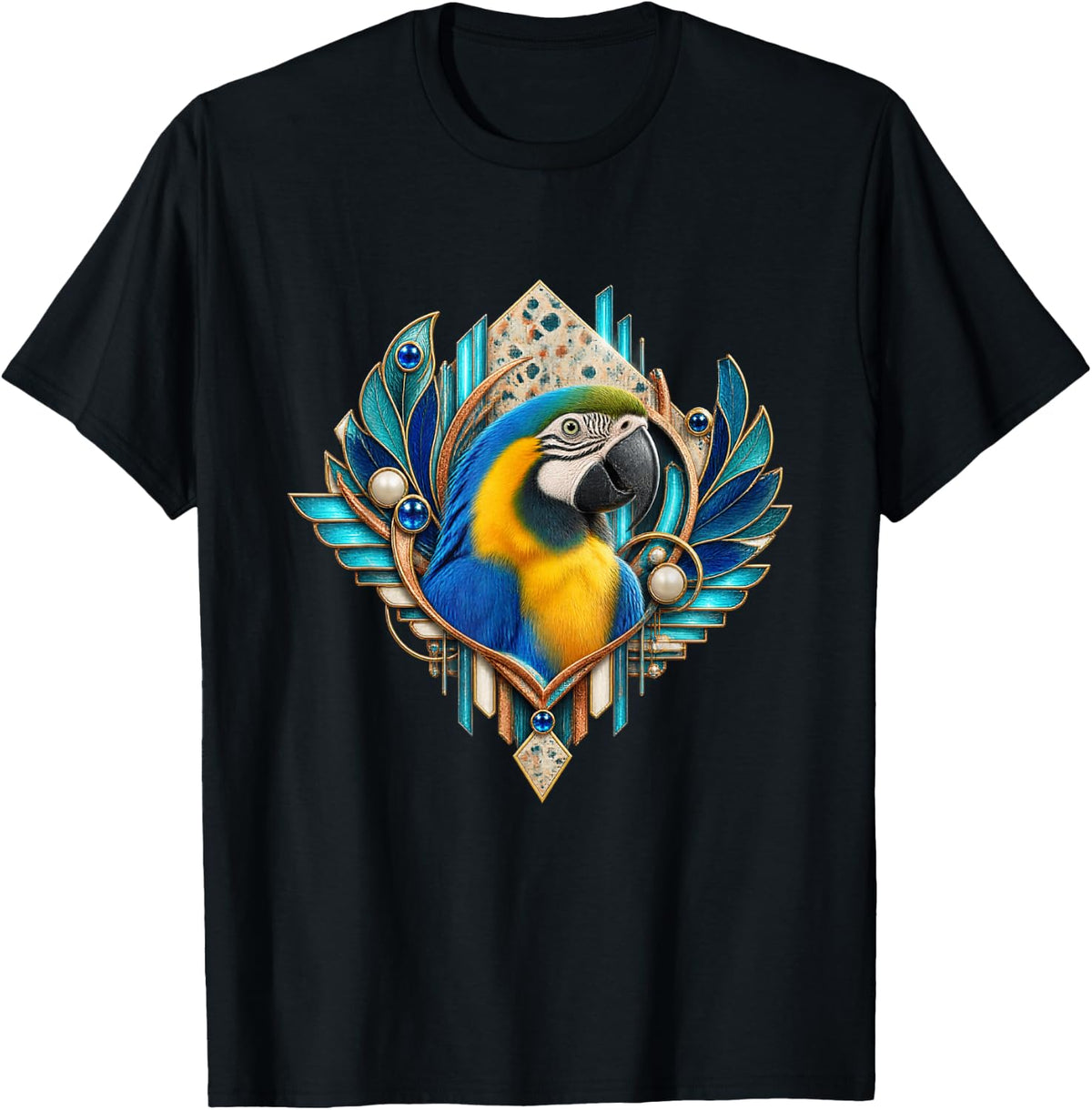 Blue and Gold Macaw in Teal Fan Frame T-Shirt - Black