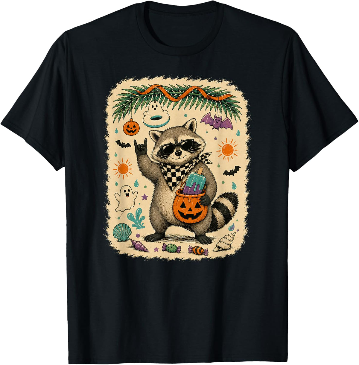 Rocker Raccoon Summerween Funny Trash Panda Spooky Beach T-Shirt - Black