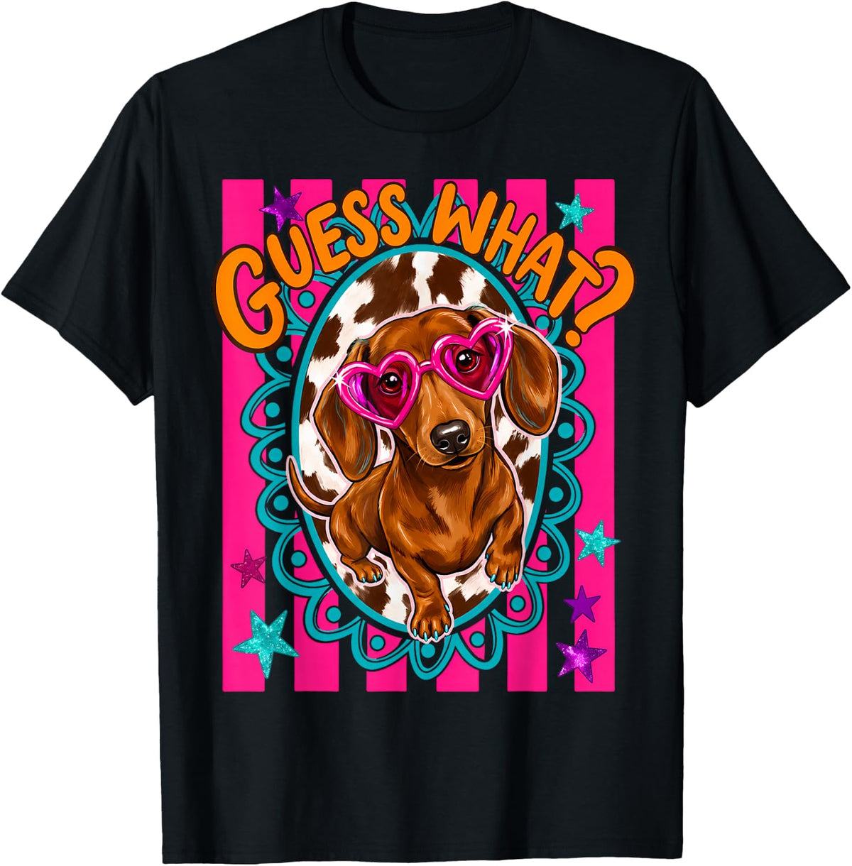 (2 Sided) Guess What Wiener Butt Preppy Funny Dachshund Dog T-Shirt - Black