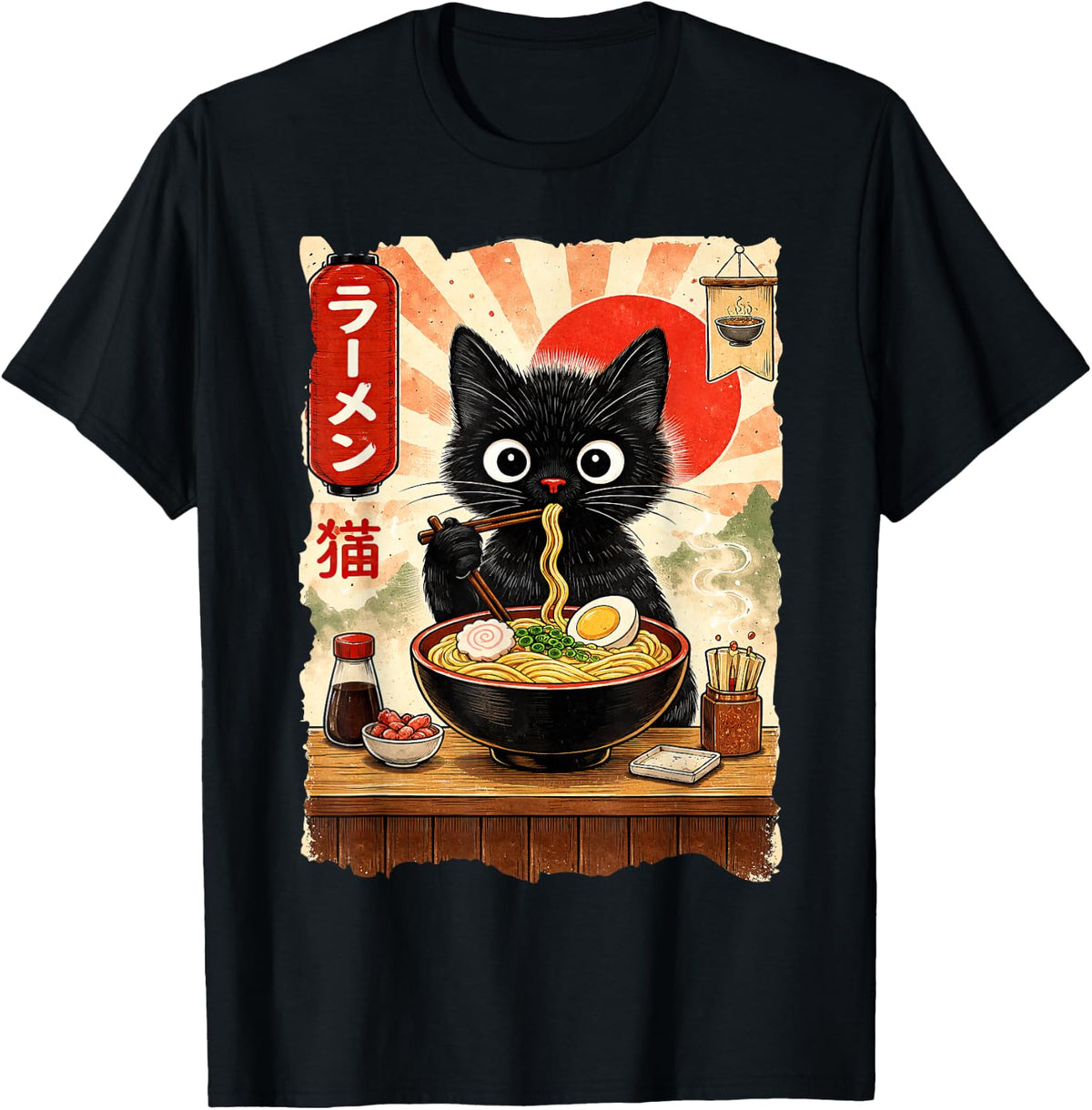 Anime Cat Ramen Japanese Funny Cat Graphic Tees Anime Gifts T-Shirt - Black