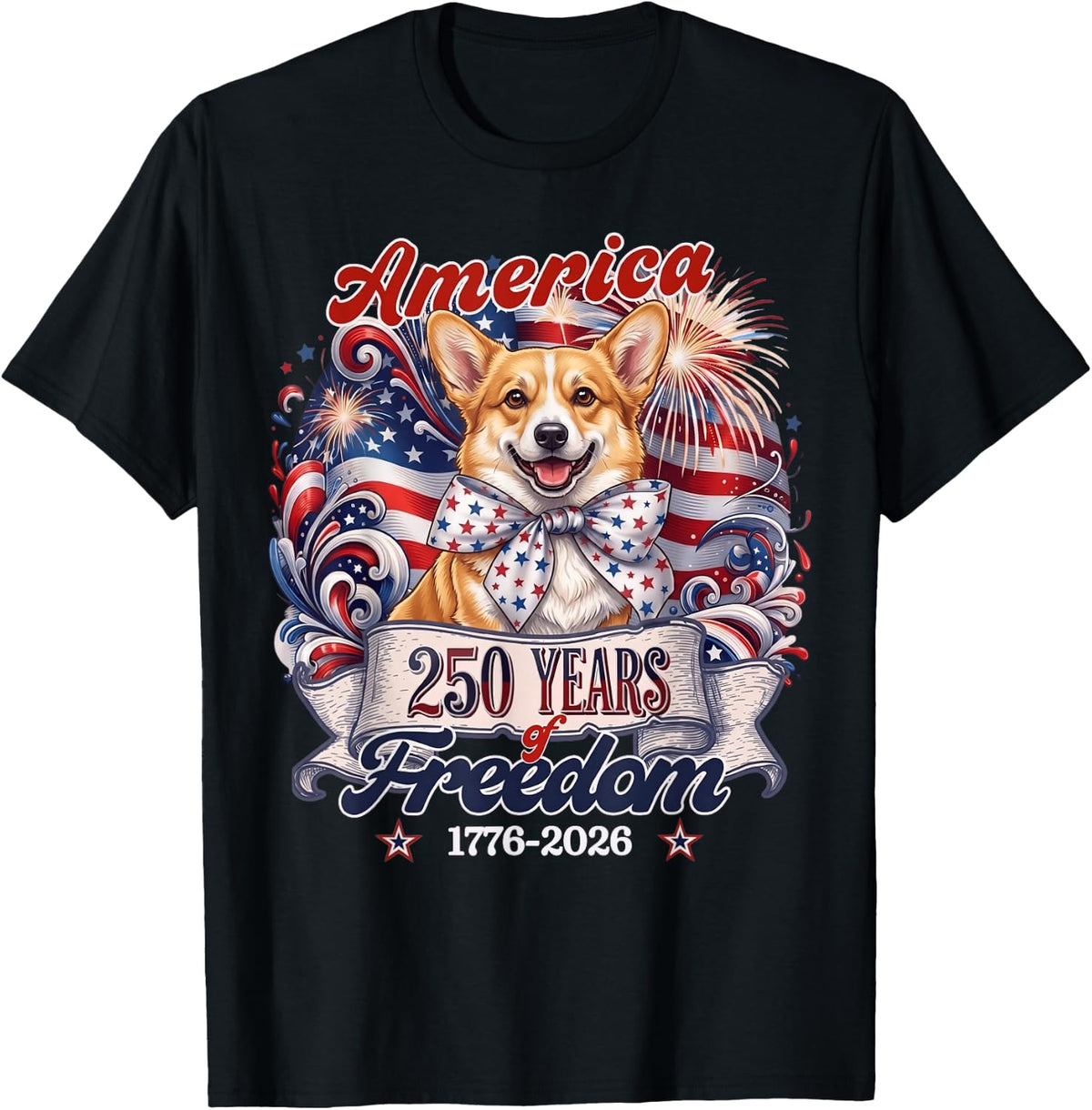 Corgi Dog 250th America Patriotic USA 4th of July T-Shirt - Black