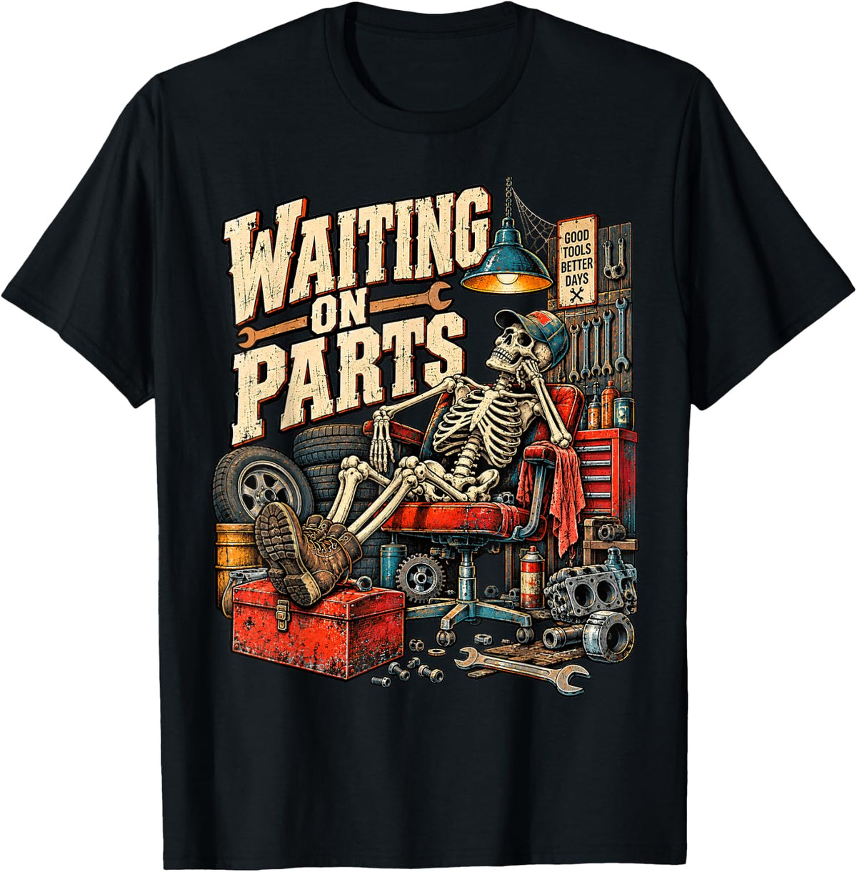Waiting on Parts Skeleton Mechanic Garage Auto Repair T-Shirt - Black