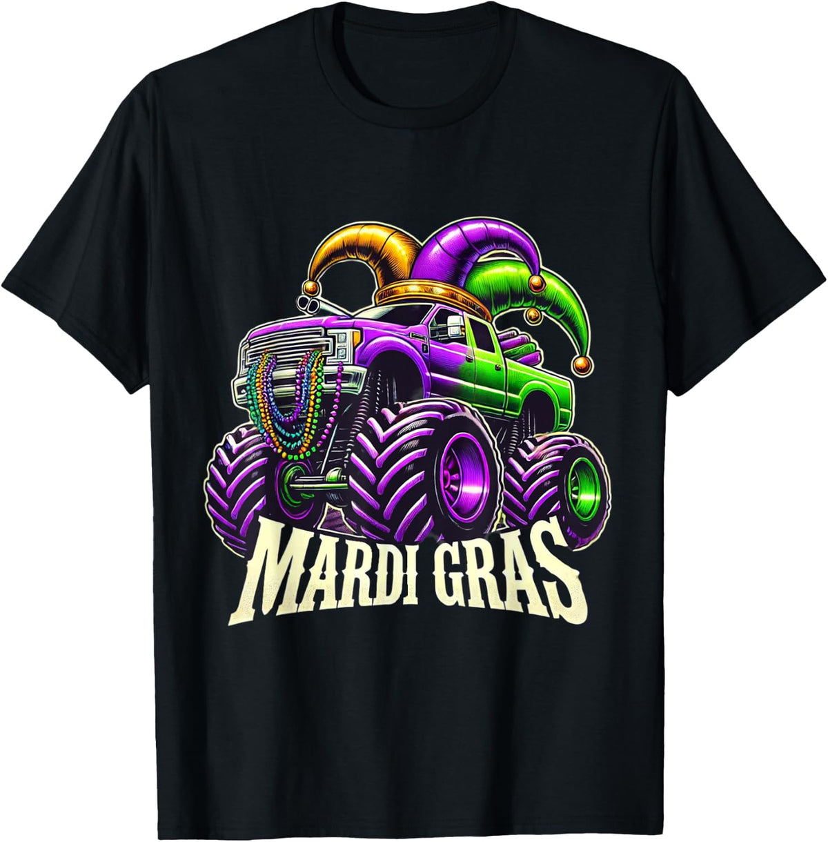Mardi Gras Monster Truck Jester Carnival Boys Girls T-Shirt - Black