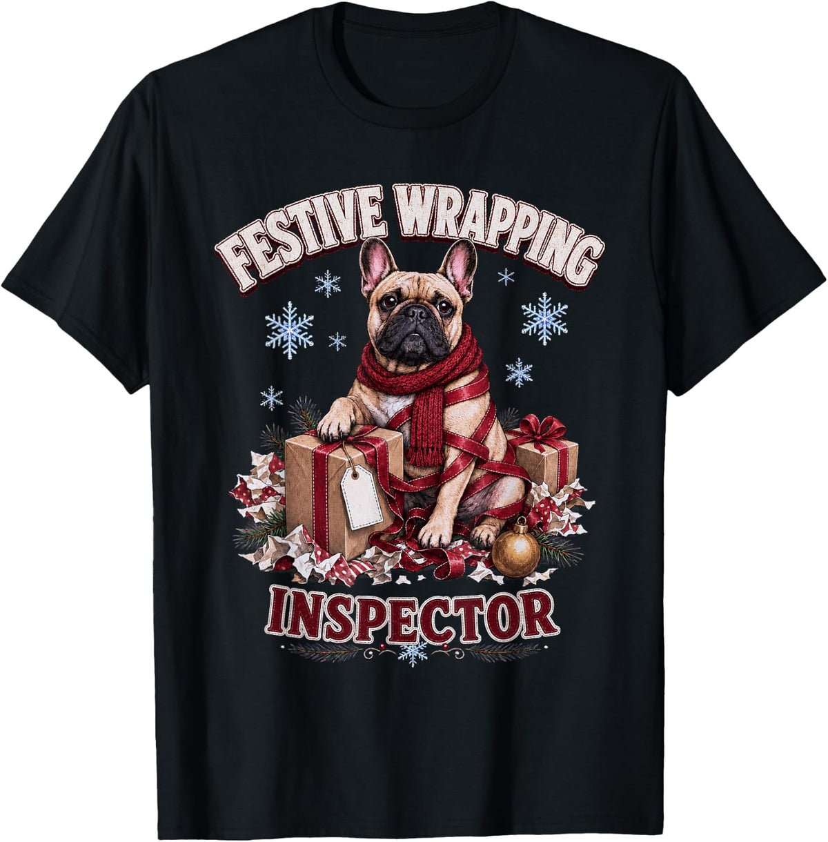 Festive Wrapping Inspector Funny French Bulldog Christmas T-Shirt - Black