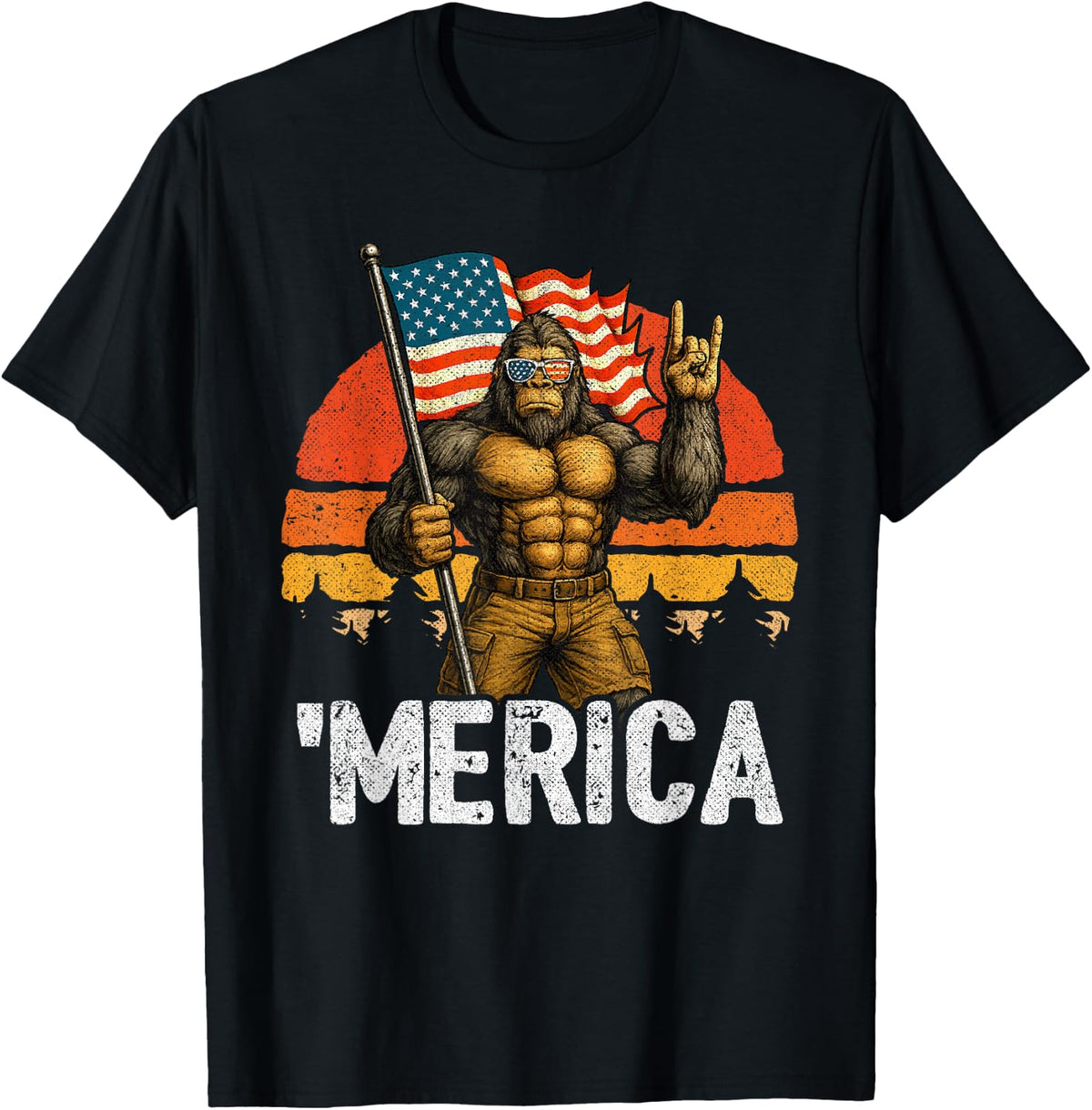 Bigfoot Merica American Flag - Funny Patriotic 4th of July T-Shirt - Black