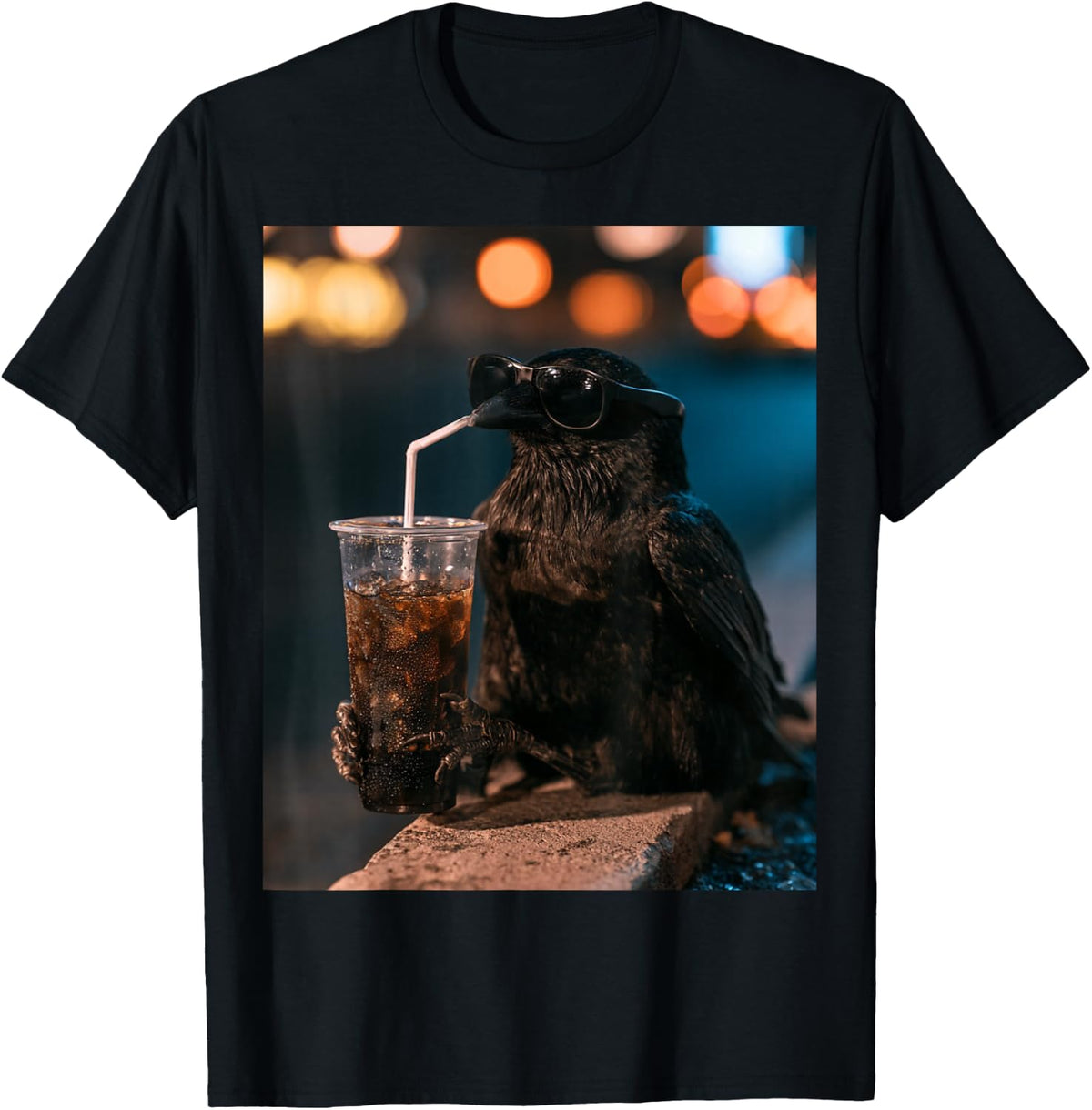 Crow Drinking Iced Coffee Wearing Sunglasses Meme T-Shirt - Black