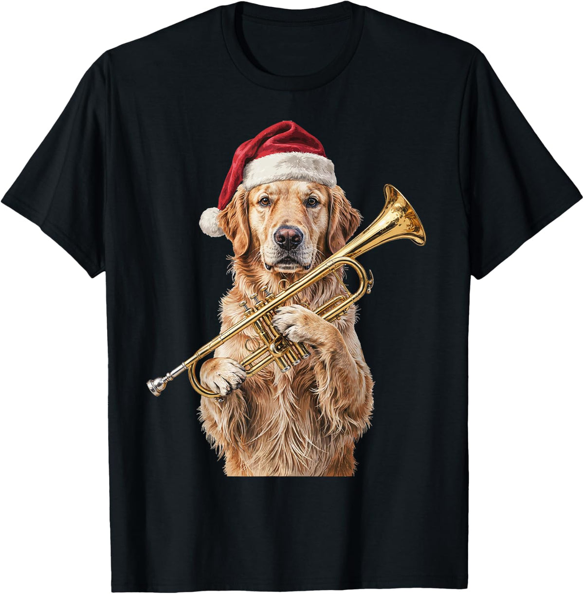 Santa Golden Retriever Trumpet Brass Band T-Shirt - Black