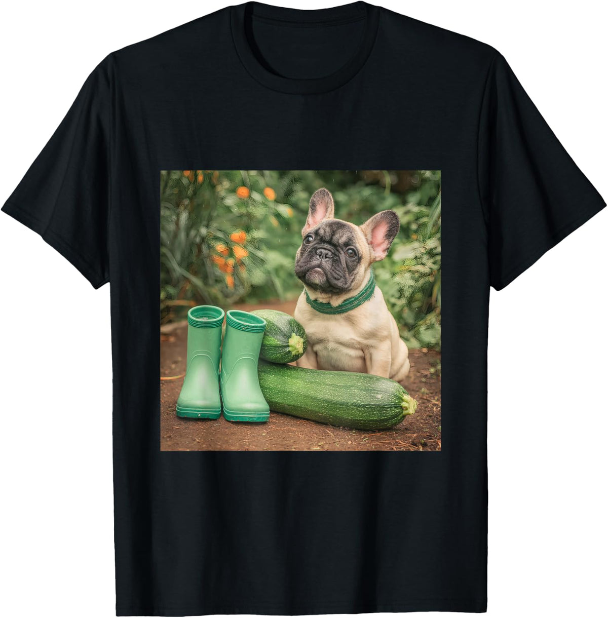 French Bulldog Garden Zucchini Green Boots T-Shirt - Black