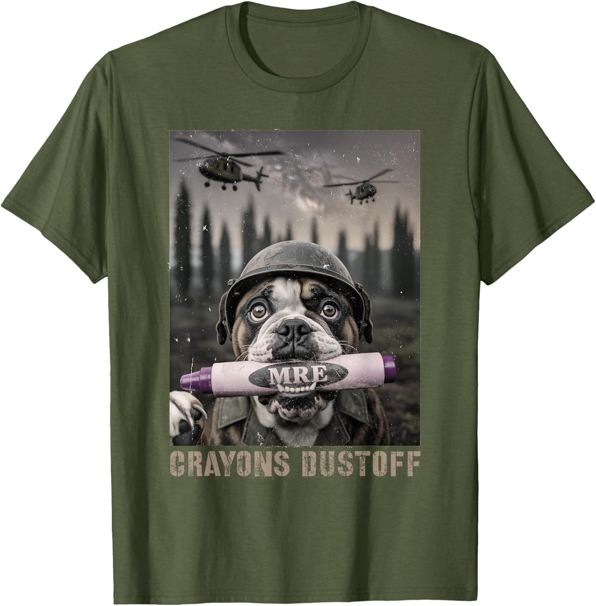 Cute Crayons DUSTOFF Military Corps Dog Jarhead Joke Veteran T-Shirt - Olive Green