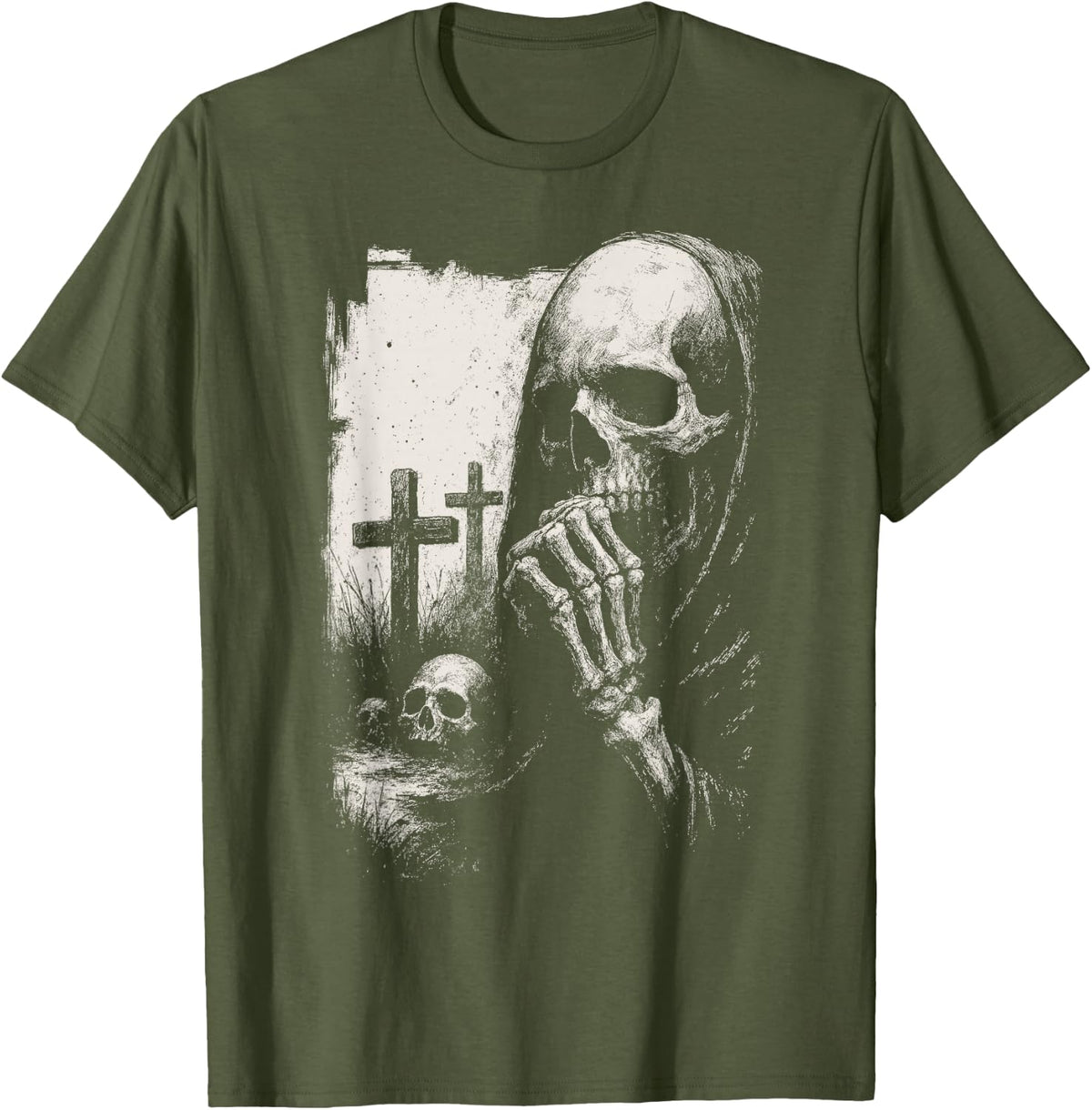 Grim Reaper Skull Deathcore Goth Alt Horror Gothic Aesthetic T-Shirt - Olive Green