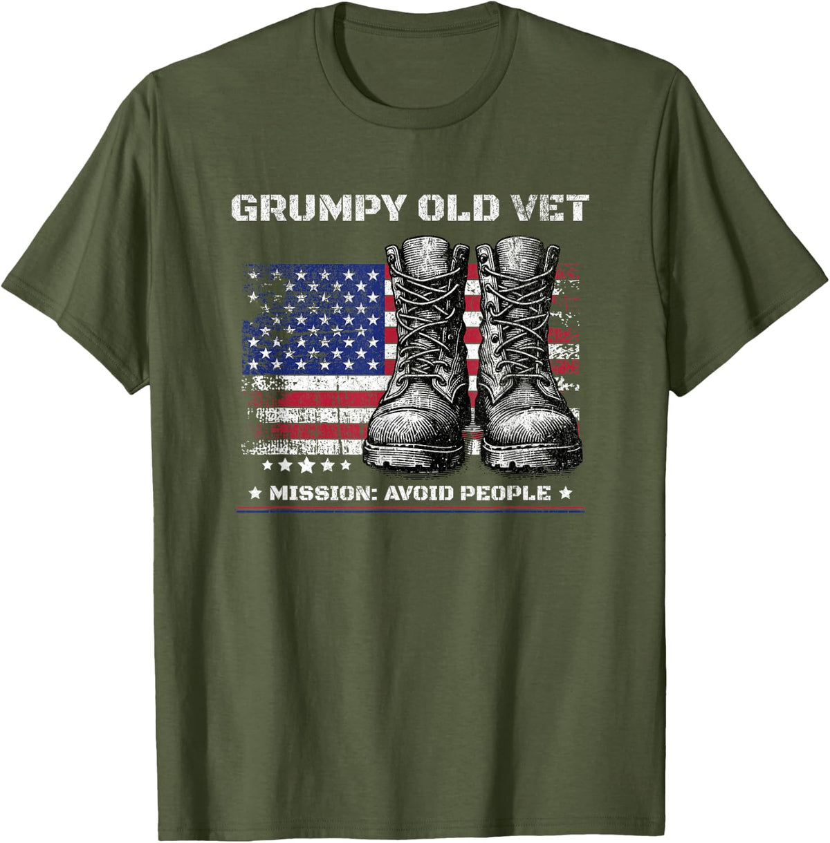 Funny Grumpy Old Vet for Military w/American Flag and Boots T-Shirt - Olive Green