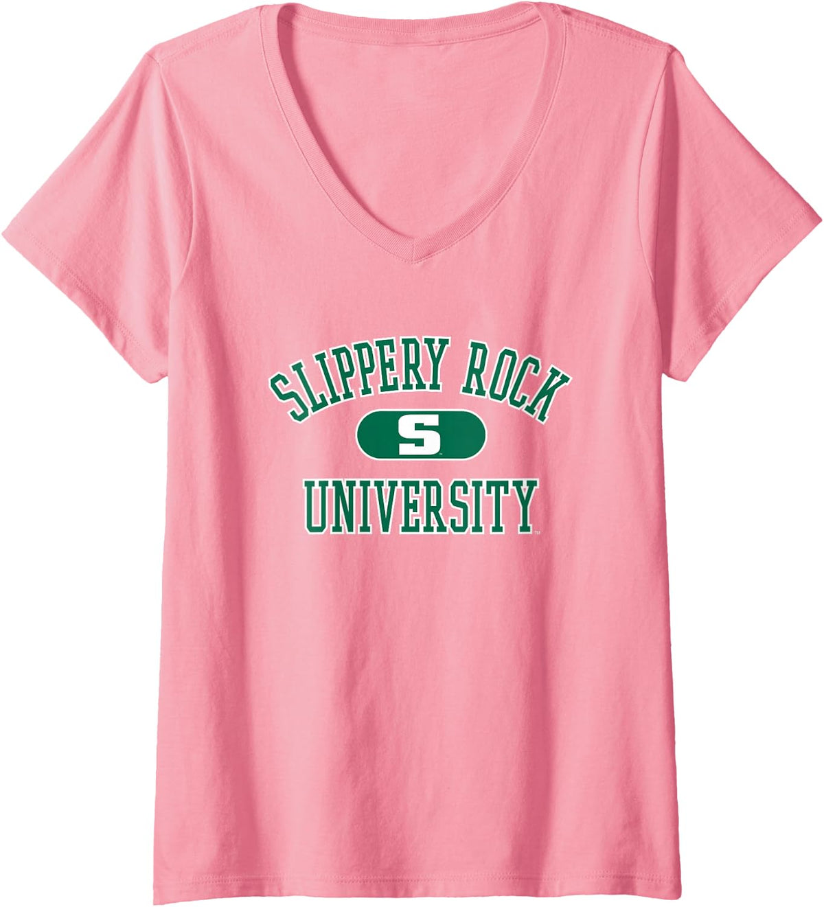 Womens Slippery Rock The Rock Varsity Logo Officially Licensed V-Neck T-Shirt - Pink