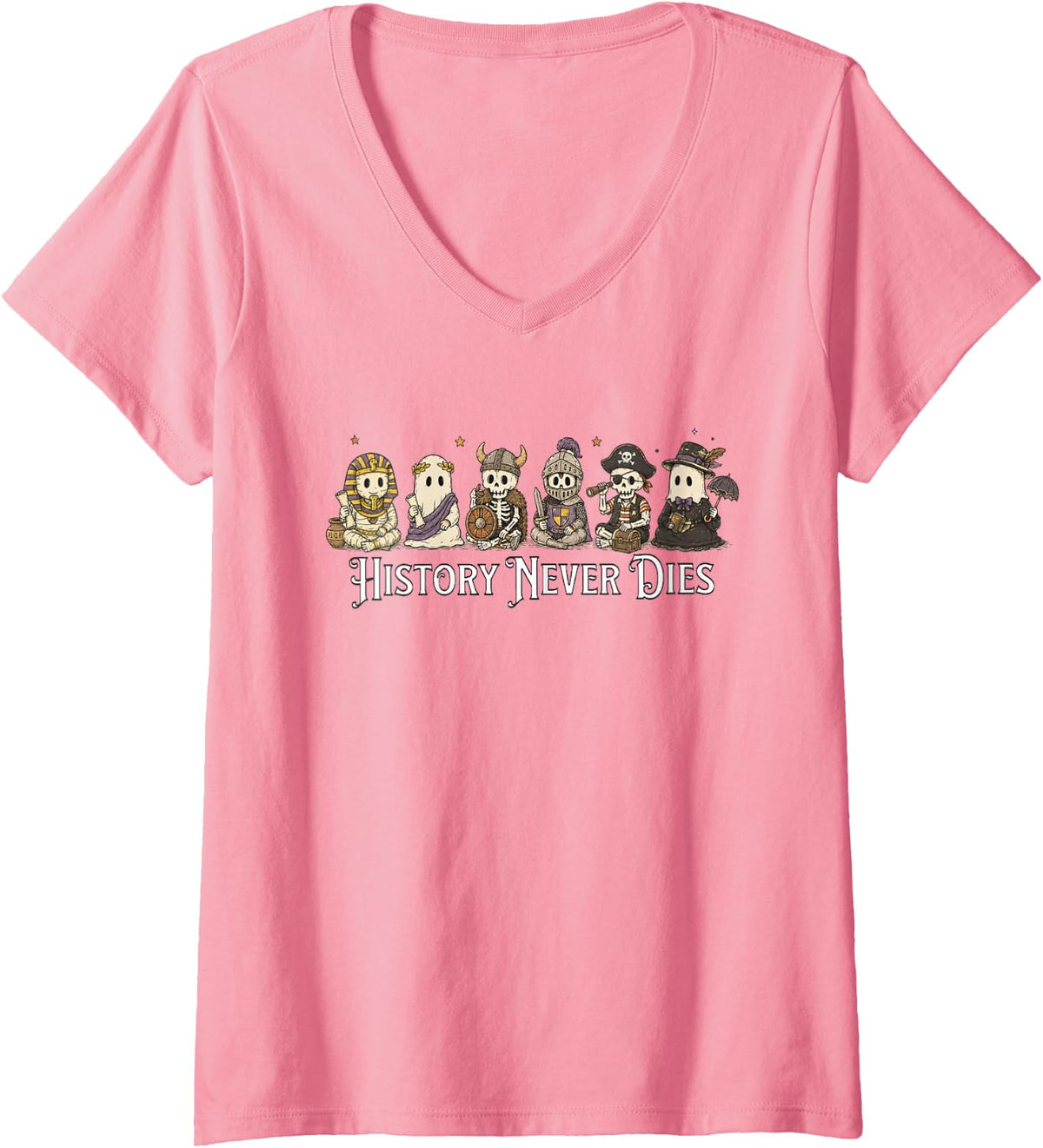 Women's History Teacher Halloween Victorian Ghost Social Studies V-Neck T-Shirt - Pink