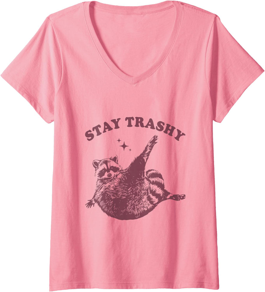 Women's Stay Trashy Raccoon Lover Humor Vintage Funny Racoon V-Neck T-Shirt - Pink