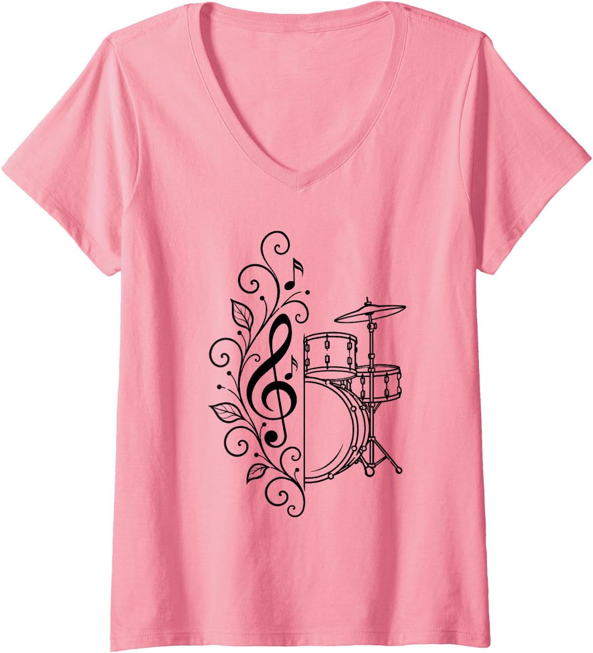 Women's Drummer Floral Drum Set Clef Musical Percussionist Musician V-Neck T-Shirt - Pink