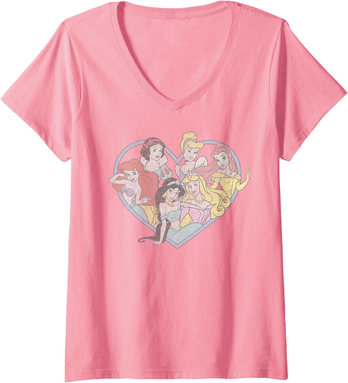 Womens Disney Princess Valentine's Day Vintage Heart Group Shot V-Neck T-Shirt - Pink