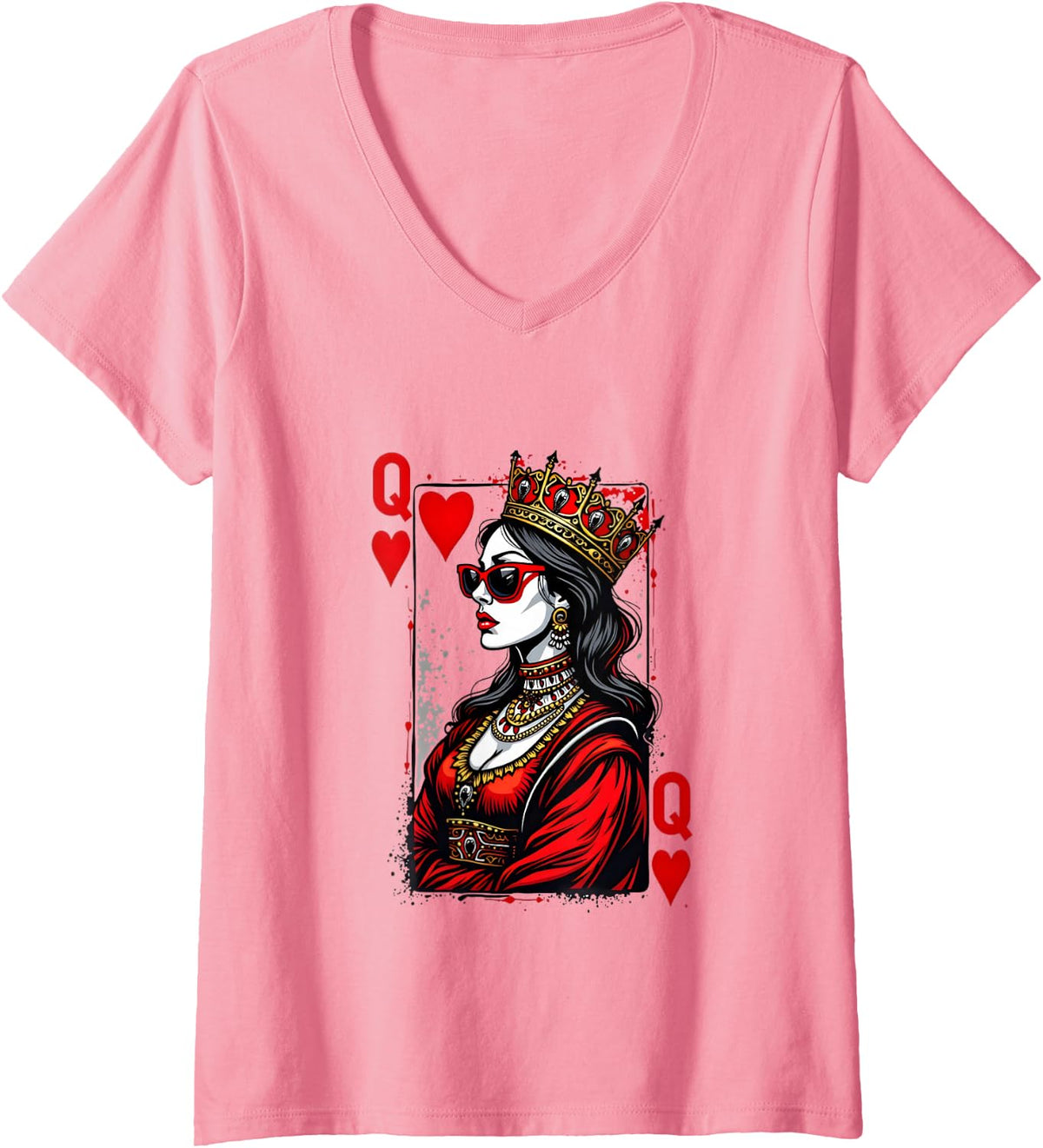 Women's Queen Of Hearts Card Women Valentines Day V-Neck T-Shirt - Pink