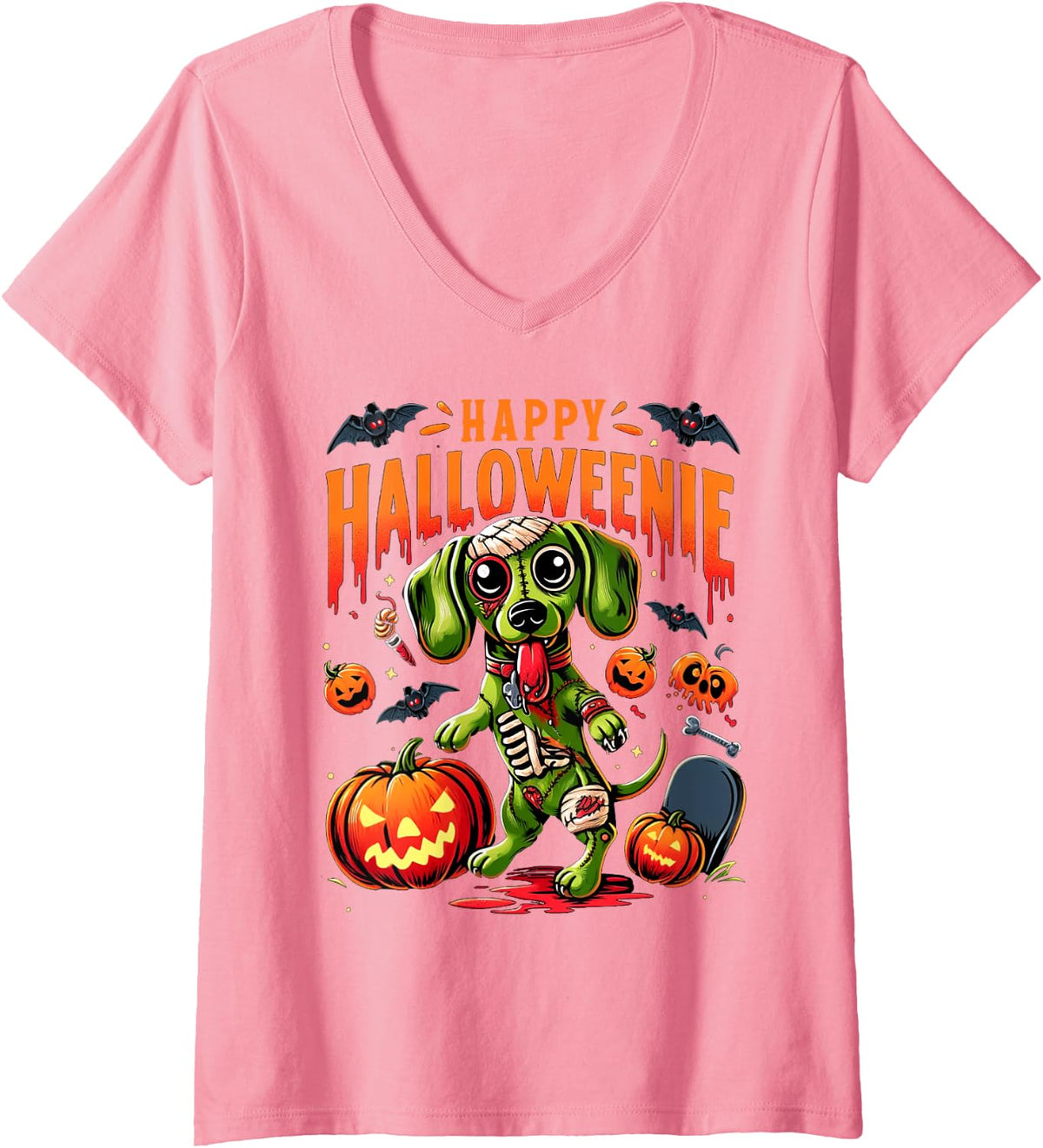 Womens Happy Halloween Mummy Dachshund Pet Owner Holiday Doggy V-Neck T-Shirt - Pink