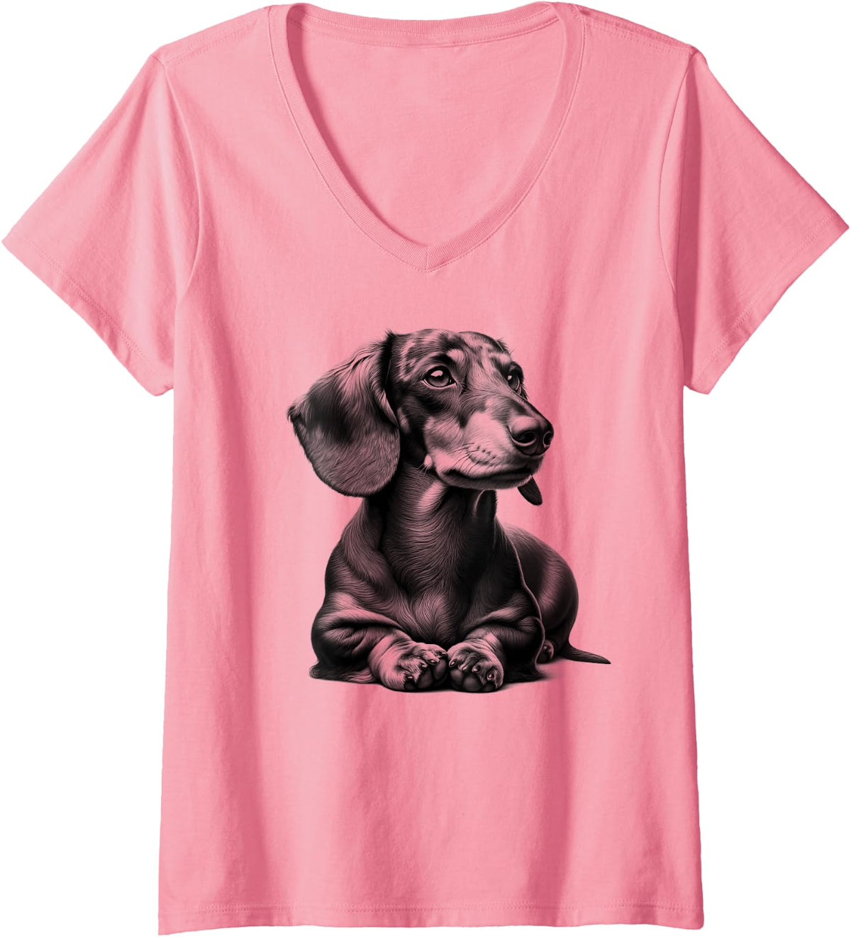 Womens Super Cute Dachshund in Lying Pose as Cool Portrait V-Neck T-Shirt - Pink