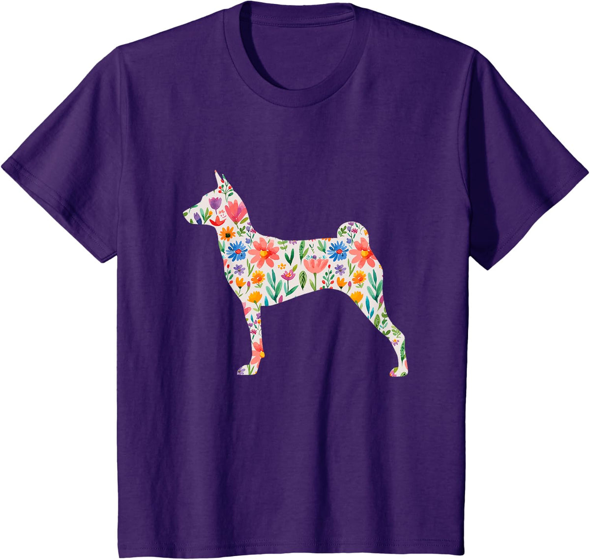 Miller Sye Basenji Dog Watercolor Flowers T-Shirt - Black, Small, Unisex-Adults, Short Sleeve, Classic Fit - Purple