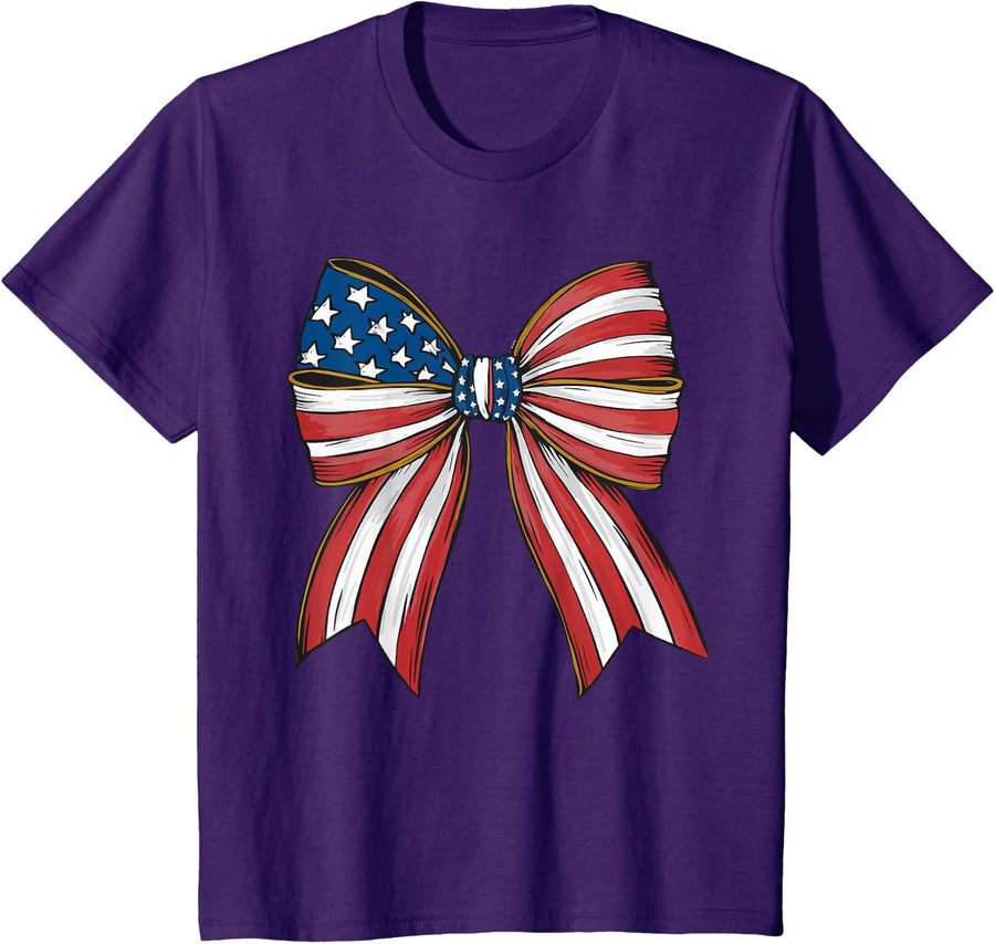 Retro 4th of July Coquette Bows American Flag USA Patriotic T-Shirt - Purple