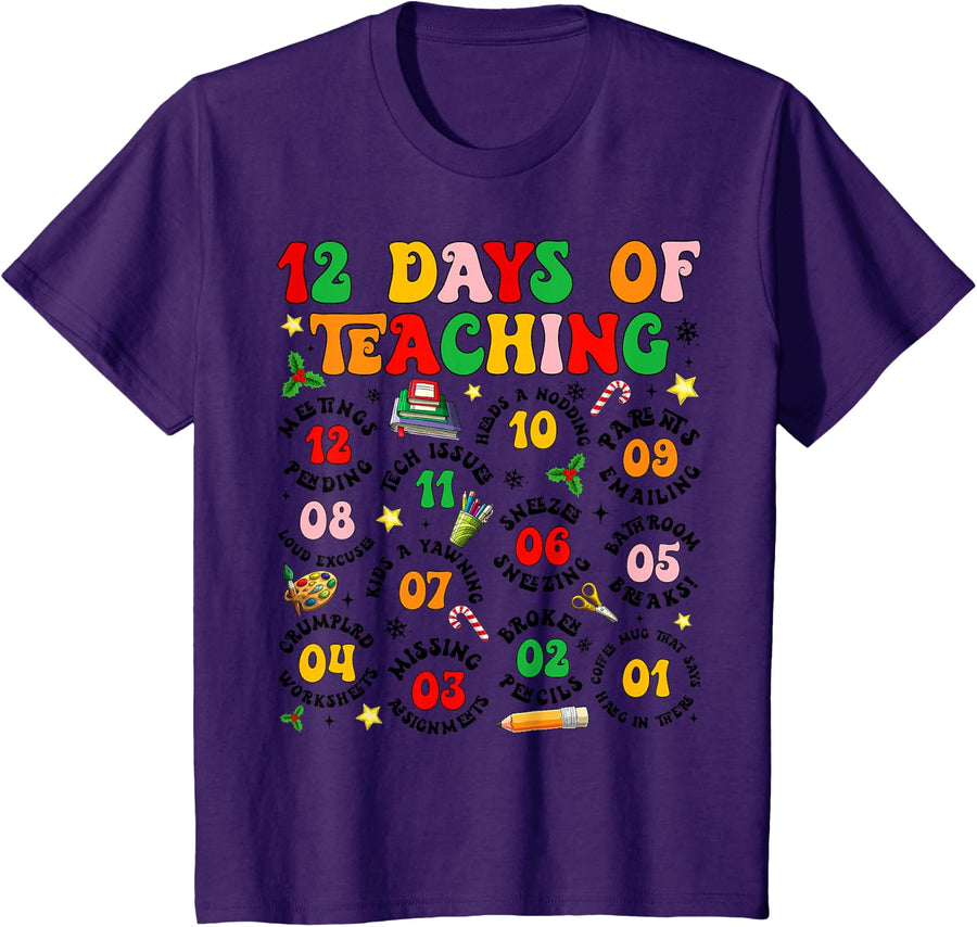 Groovy 12 Days of Teaching Teachers Merry Christmas Pajamas T-Shirt - Purple