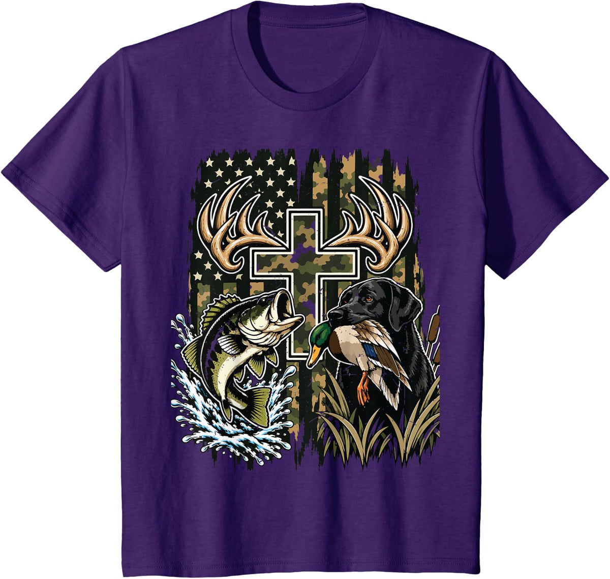 Youth Camo Duck Hunting Dog Black Lab Bass Fish Cross Faith T-Shirt - Purple