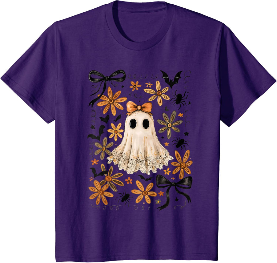 Wildflower Spooky Season Halloween Funny Ghost Coquette Bow T-Shirt - Purple