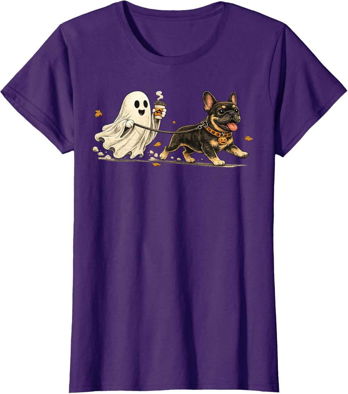 Ghost Walking French Bulldog Spooky Season Halloween T-Shirt - Purple