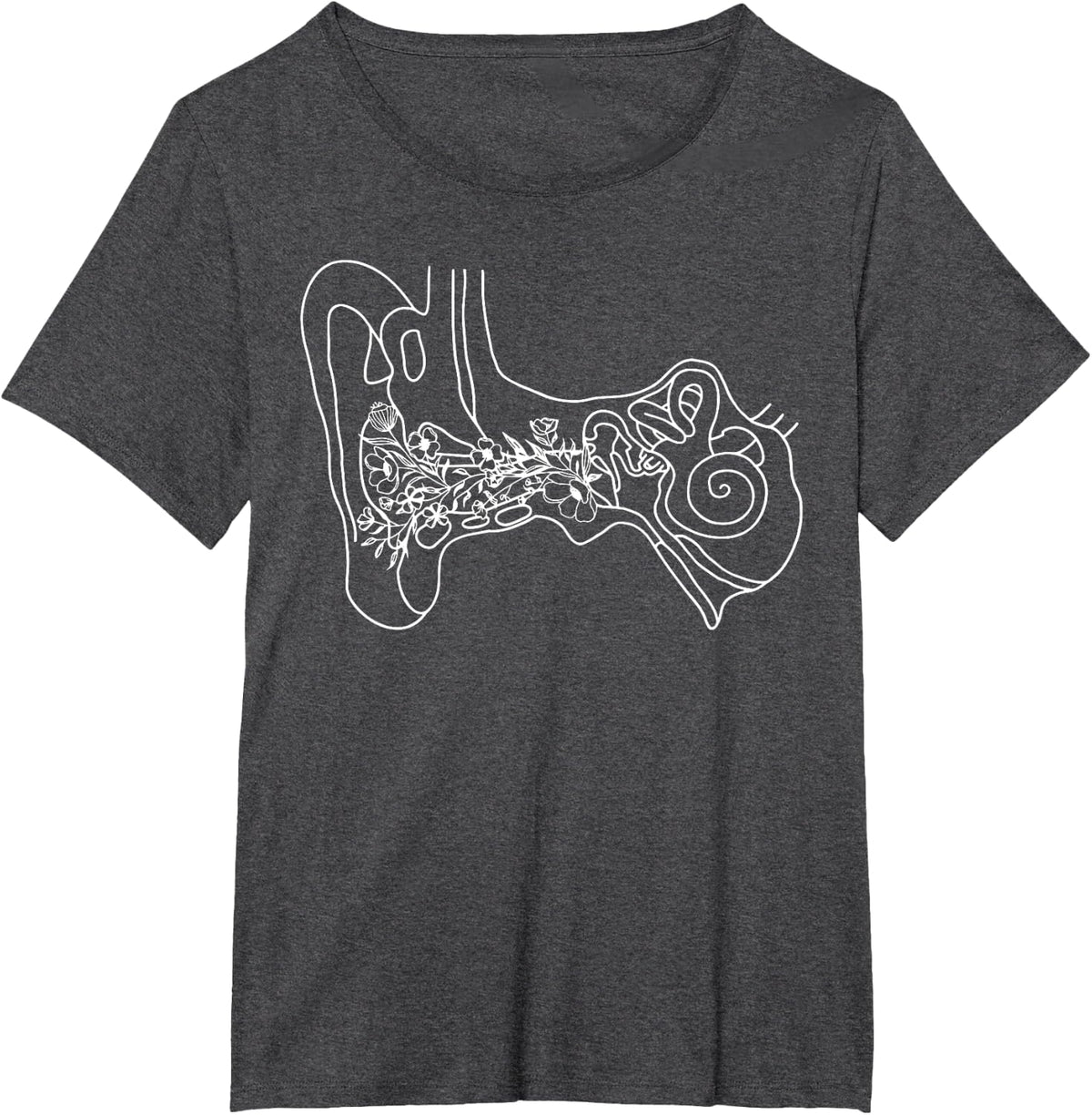 Floral Ear Anatomy Inner Ear Audiology Otolaryngology Deaf T-Shirt - Dark Heather Grey