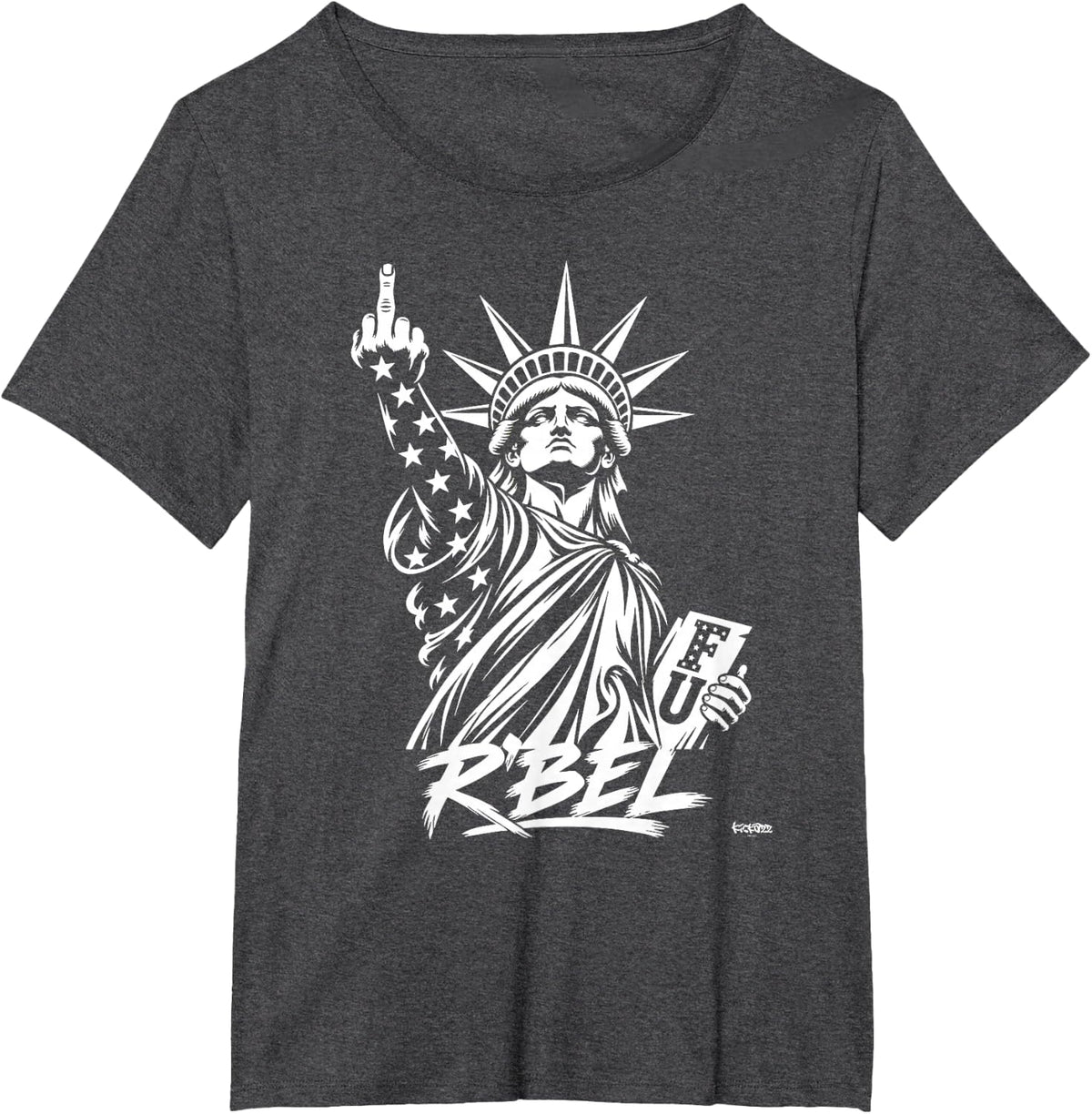 R’BEL Statue of Liberty Middle Finger - White Freedom USA T-Shirt - Dark Heather Grey