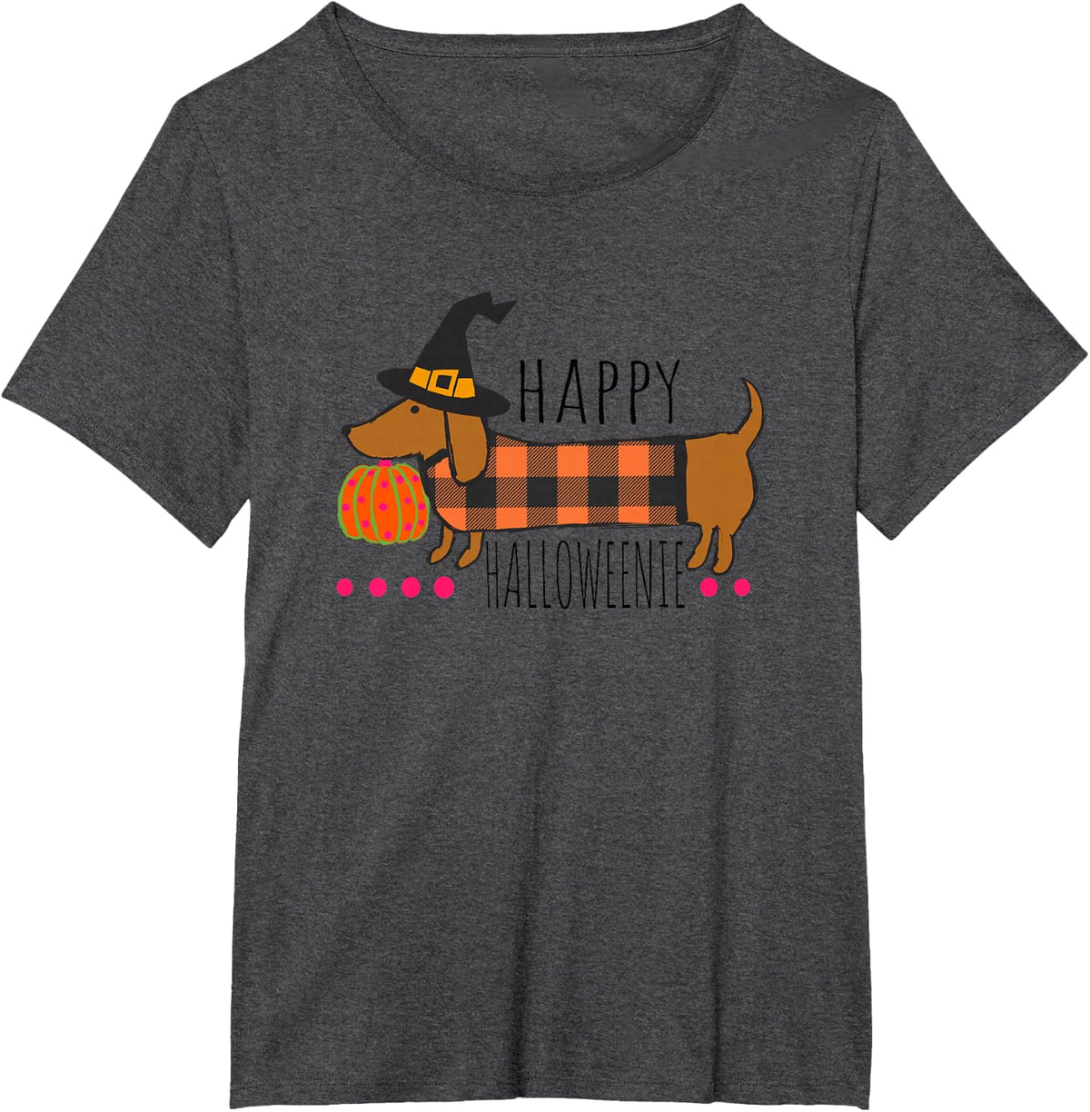 Funny Happy Halloweenie Dachshund Halloween Buffalo Plaid T-Shirt - Dark Heather Grey