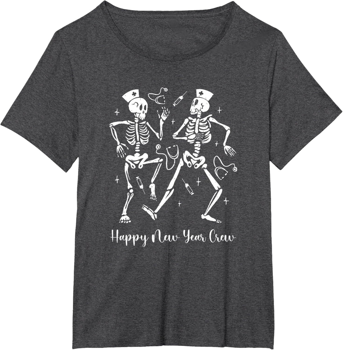 Happy New Year Skeleton Nurse Crew ER ICU New Year Eve T-Shirt - Dark Heather Grey