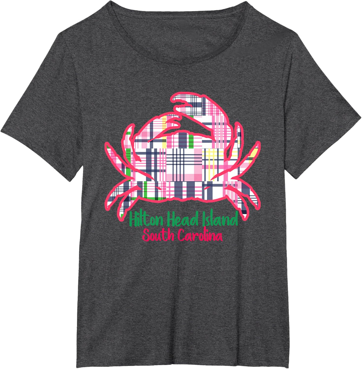 Hilton Head Island Girls Apparel Preppy Plaid Crab Kid Adult T-Shirt - Dark Heather Grey