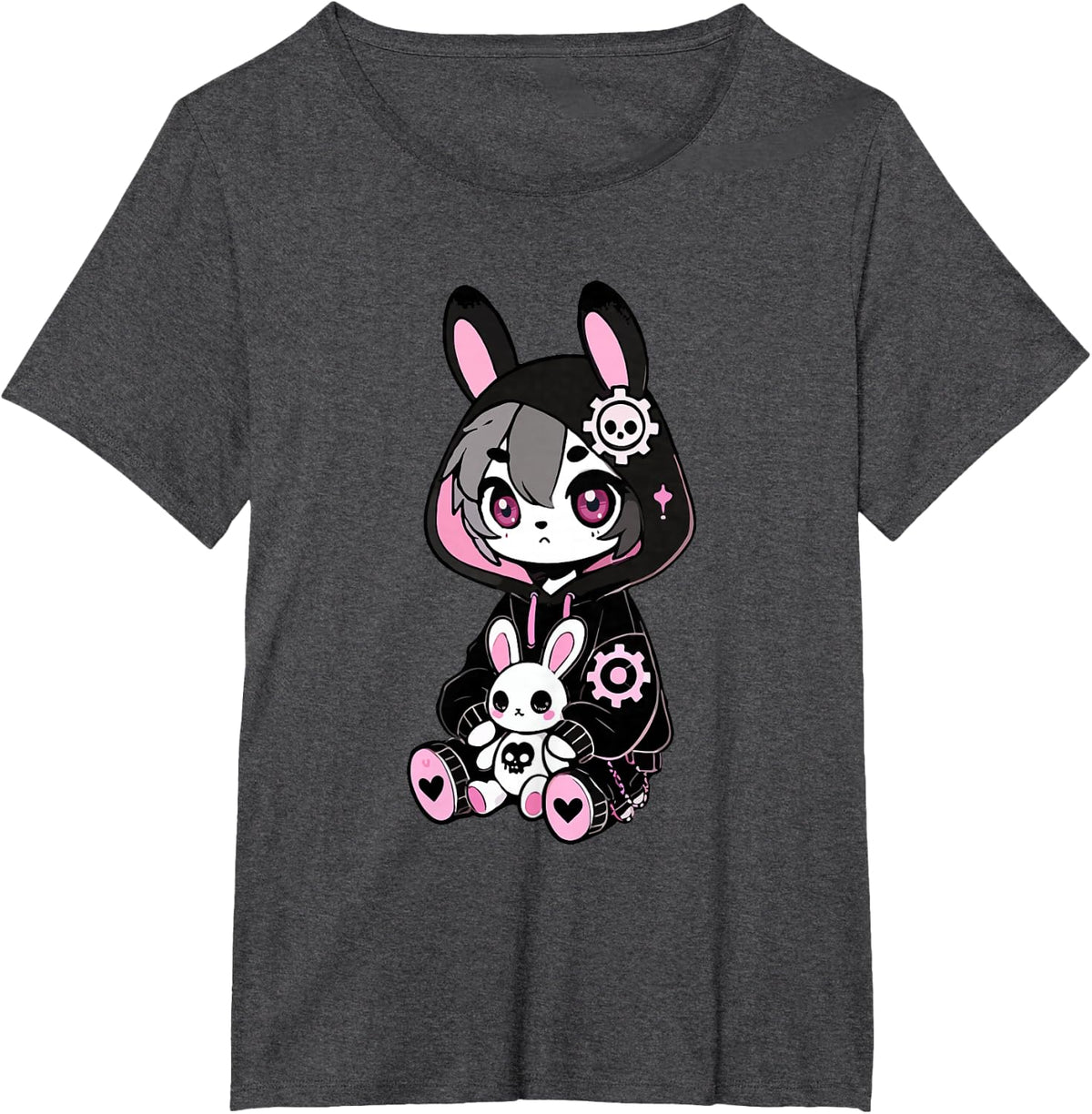 Chibi Gothic Bunny Anime Girl Aesthetic E-Girl Grunge Style T-Shirt - Dark Heather Grey