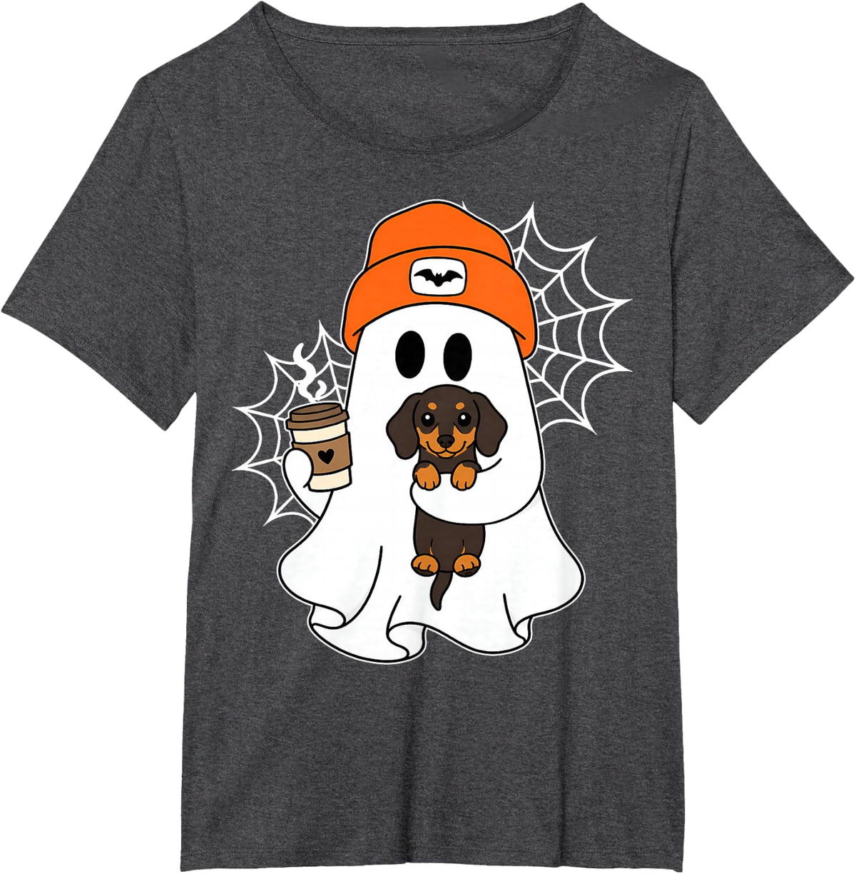 Ghost Dachshund Dog Lovers Coffee Halloween Spooky Season T-Shirt - Dark Heather Grey