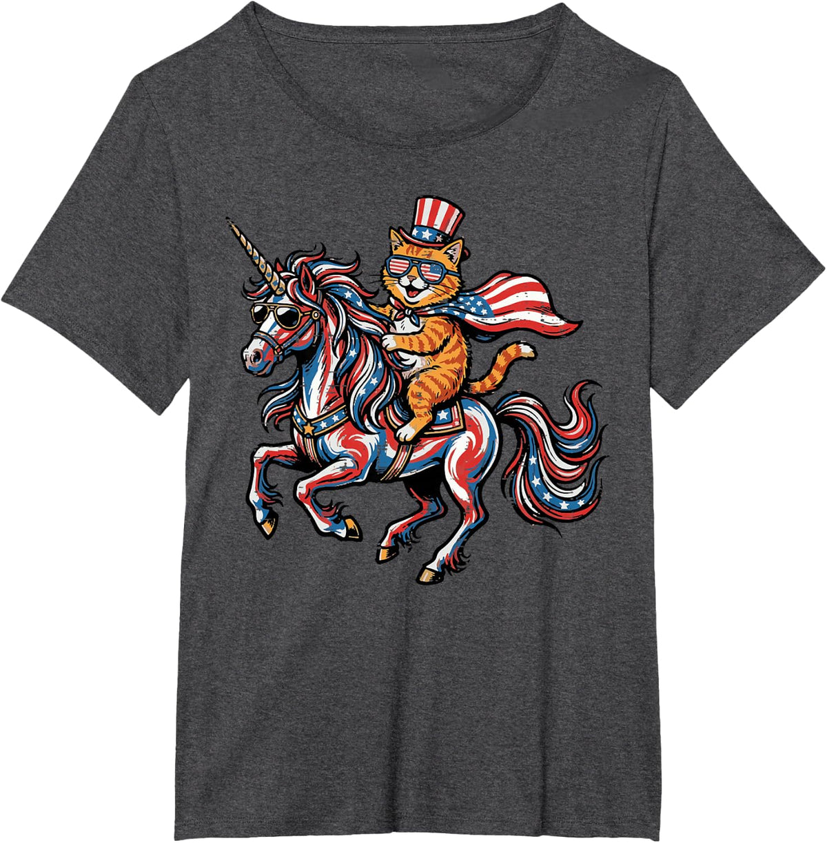4th of July Cat On Unicorn US Flag Patriotic Women Girl Kids T-Shirt - Dark Heather Grey